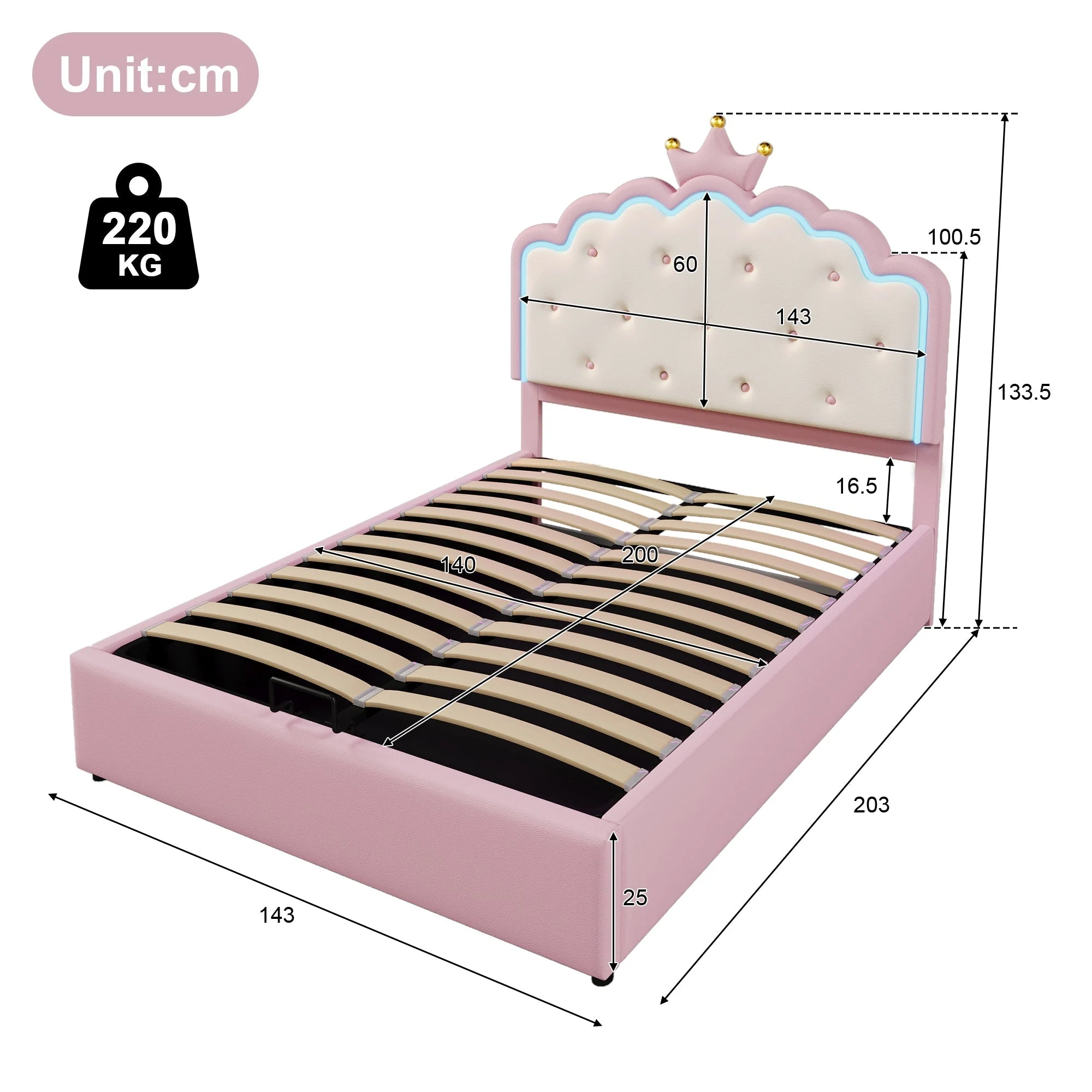 Upholstered Bed with LED Lighting and Hydraulic Storage, 140 x 200 cm, Pink PU - Image 10