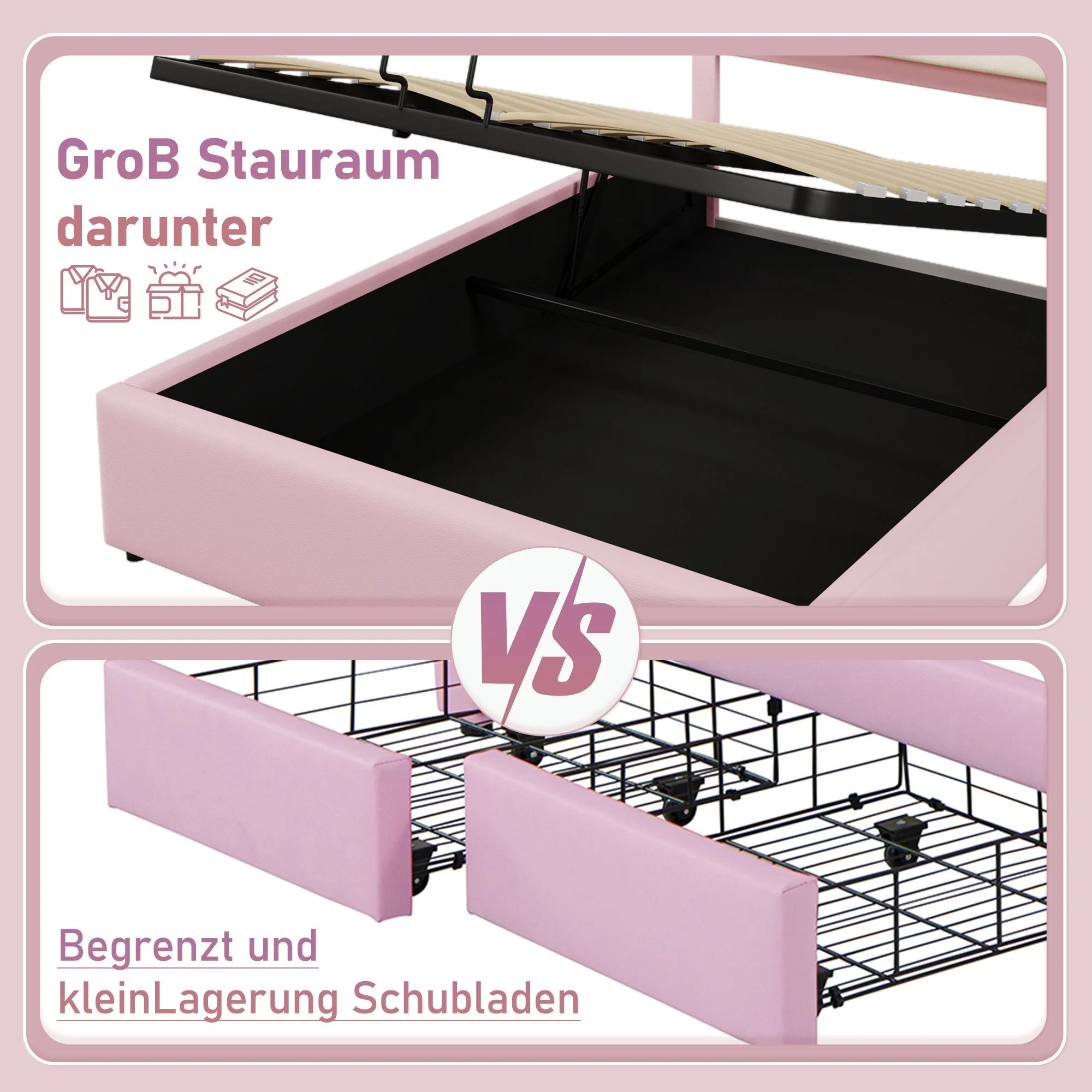 Upholstered Bed with LED Lighting and Hydraulic Storage, 140 x 200 cm, Pink PU - Image 3
