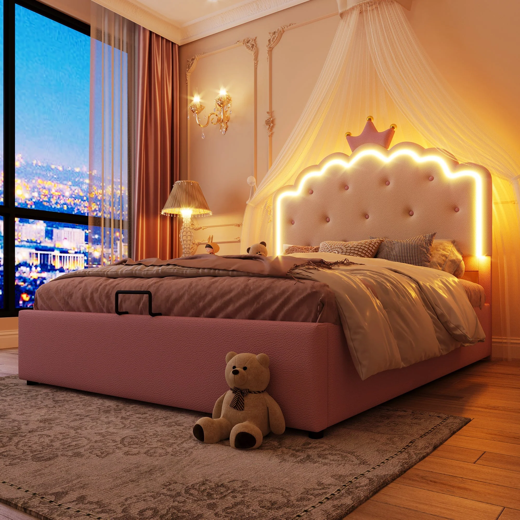 Upholstered Bed with LED Lighting and Hydraulic Storage, 140 x 200 cm, Pink PU - Image 6
