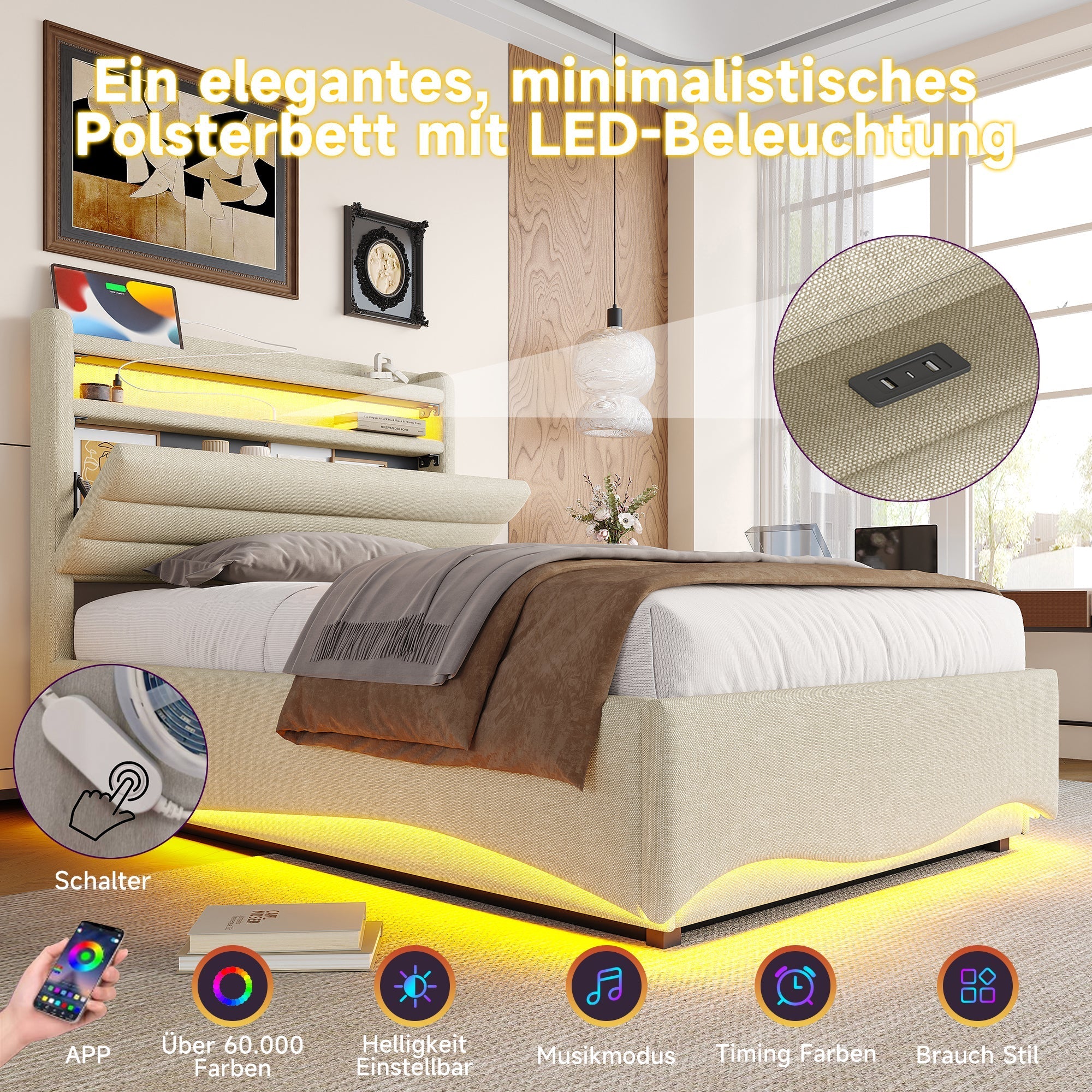 Upholstered Bed with LED Lighting, Hydraulic Storage, and USB Ports, Beige Linen Fabric - Image 2