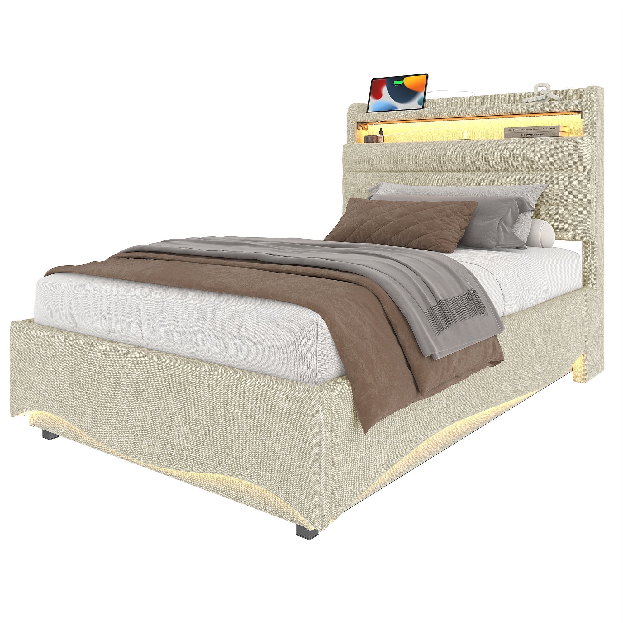 Upholstered Bed with LED Lighting, Hydraulic Storage, and USB Ports, Beige Linen Fabric - Image 8
