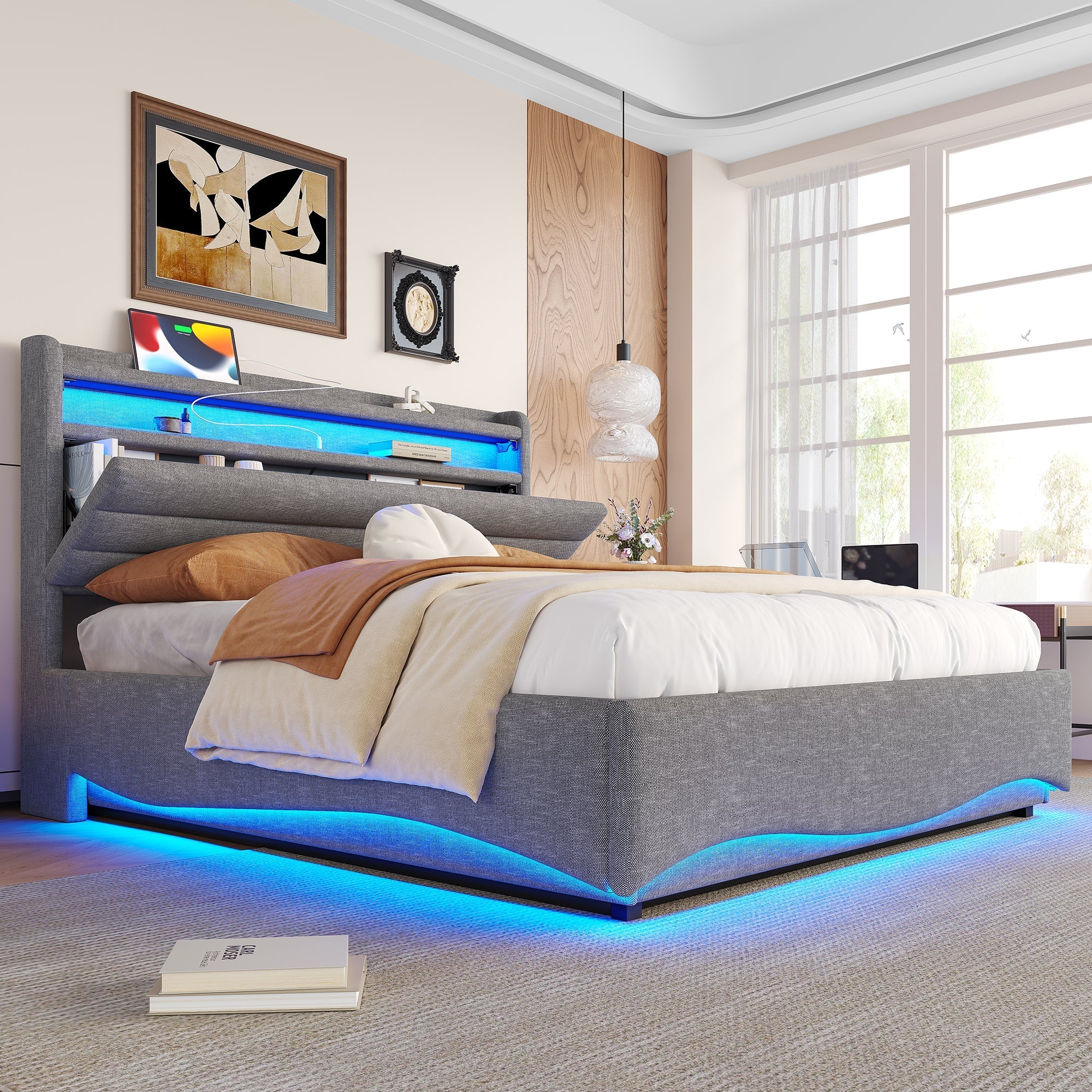 Upholstered Bed with LED Lighting, Hydraulic Storage and USB Ports, Grey Linen Fabric - Image 16