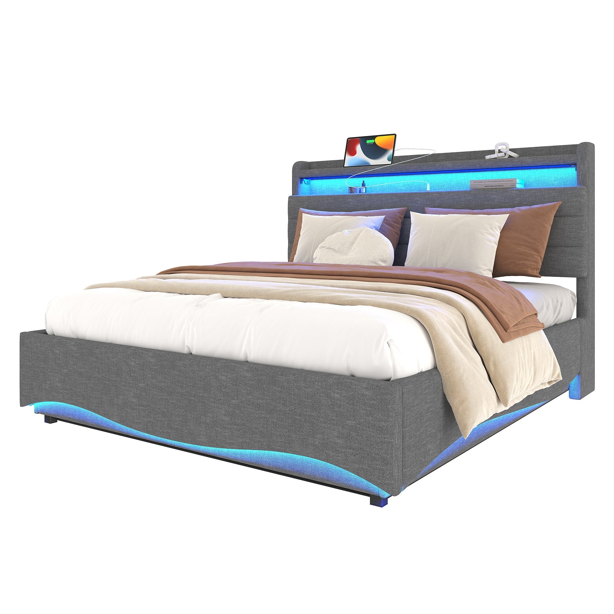 Upholstered Bed with LED Lighting, Hydraulic Storage and USB Ports, Grey Linen Fabric - Image 18
