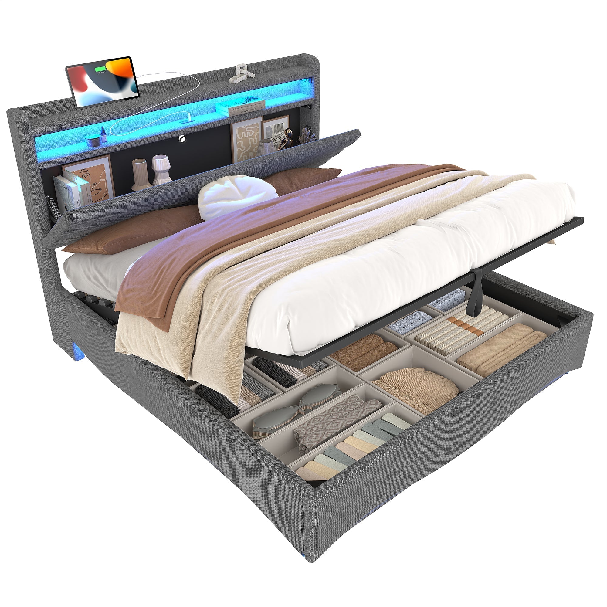 Upholstered Bed with LED Lighting, Hydraulic Storage and USB Ports, Grey Linen Fabric - Image 19