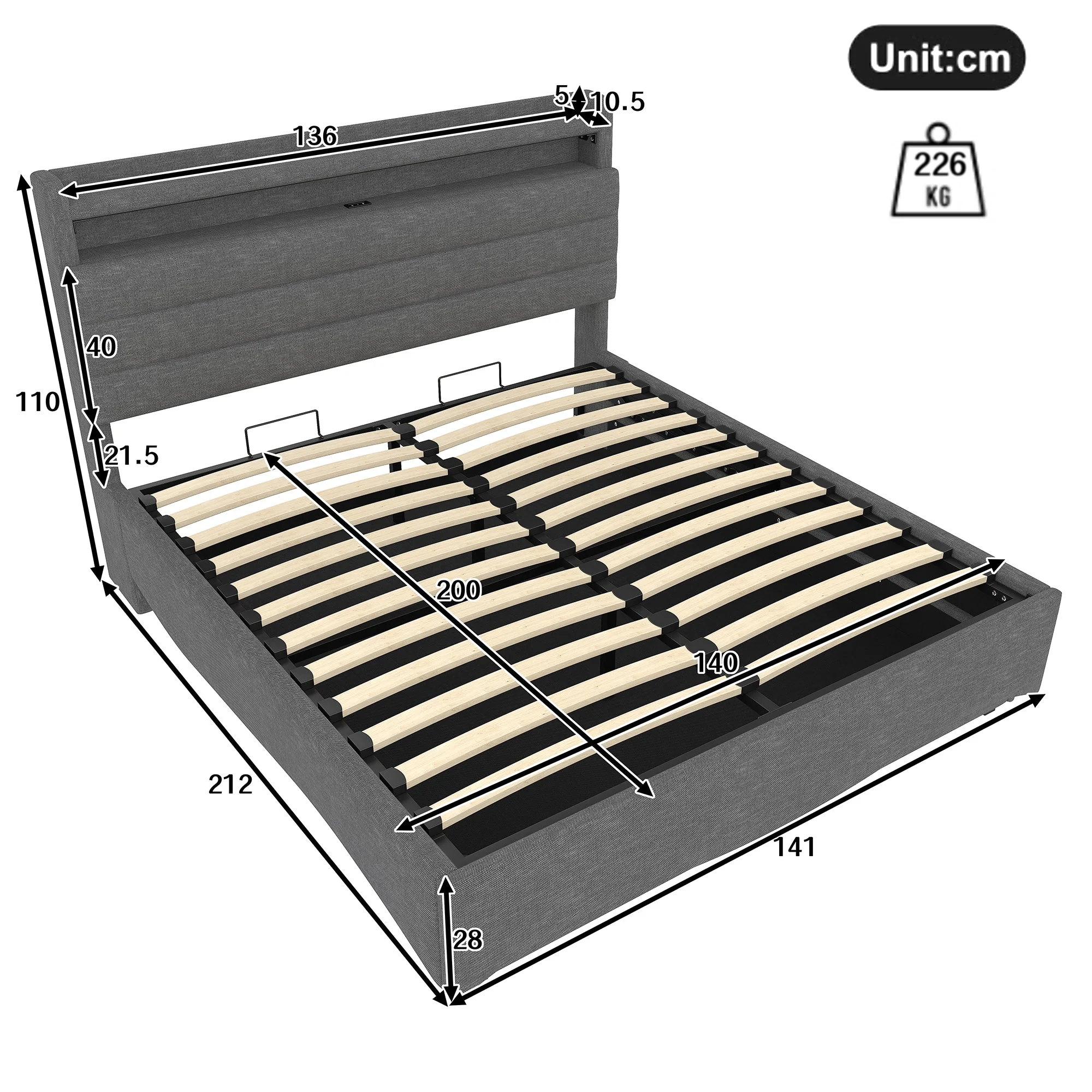Upholstered Bed with LED Lighting, Hydraulic Storage and USB Ports, Grey Linen Fabric - Image 20