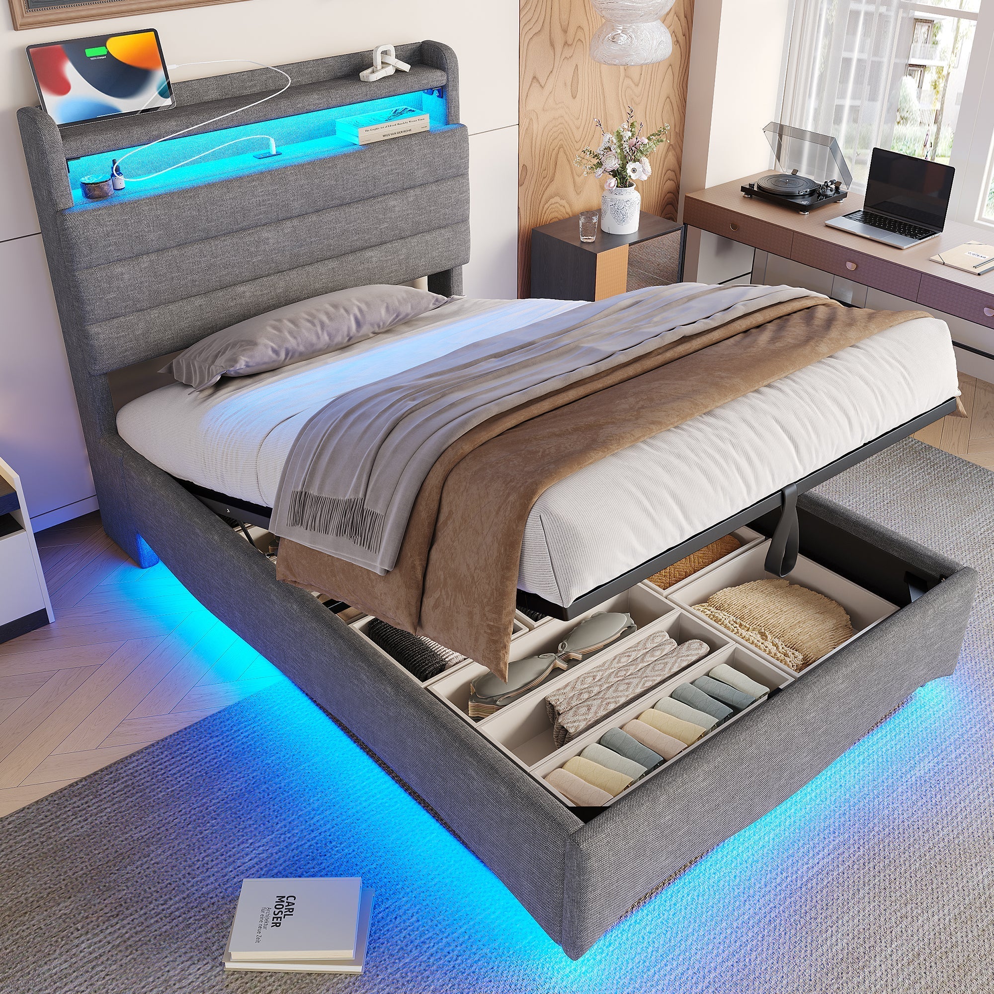 Upholstered Bed with LED Lighting, Hydraulic Storage and USB Ports, Grey Linen Fabric - Image 5