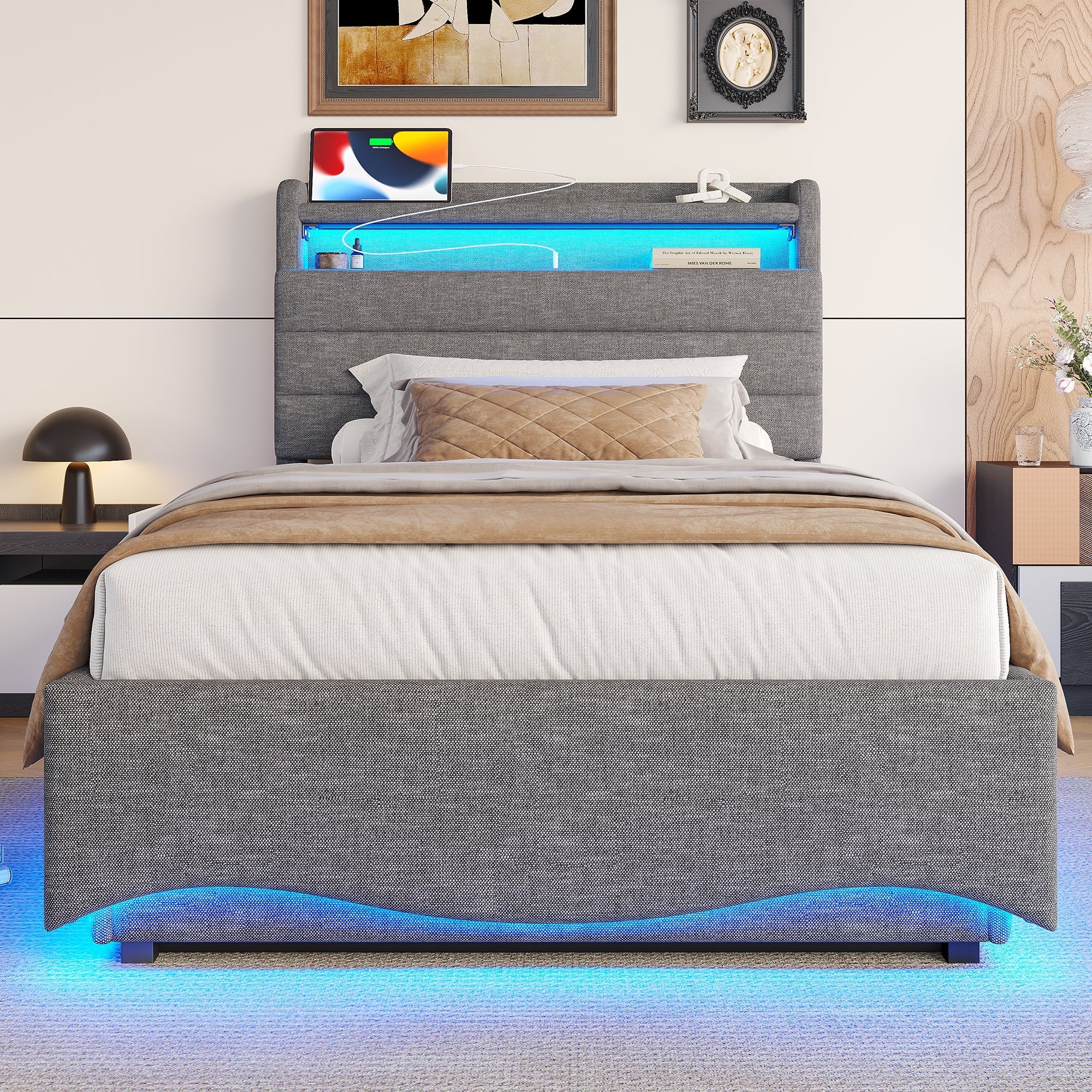 Upholstered Bed with LED Lighting, Hydraulic Storage and USB Ports, Grey Linen Fabric - Image 7