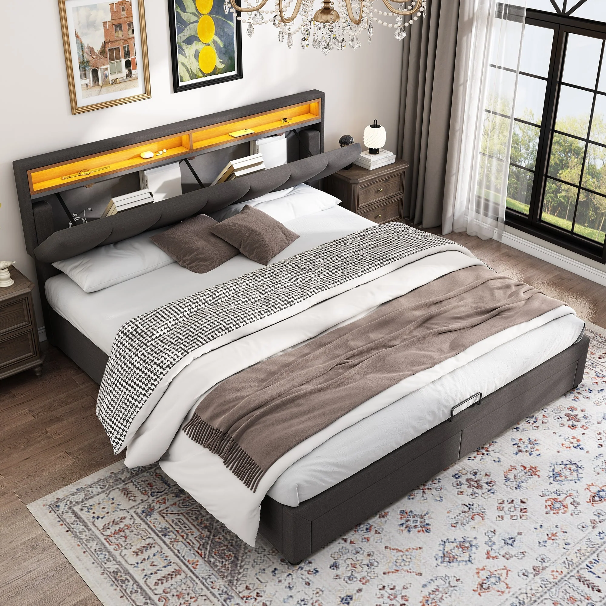 Upholstered Bed with LED Lighting, Hydraulic Storage & Foam Headboard, King Size 5ft (150x200cm), Grey Linen - Image 2