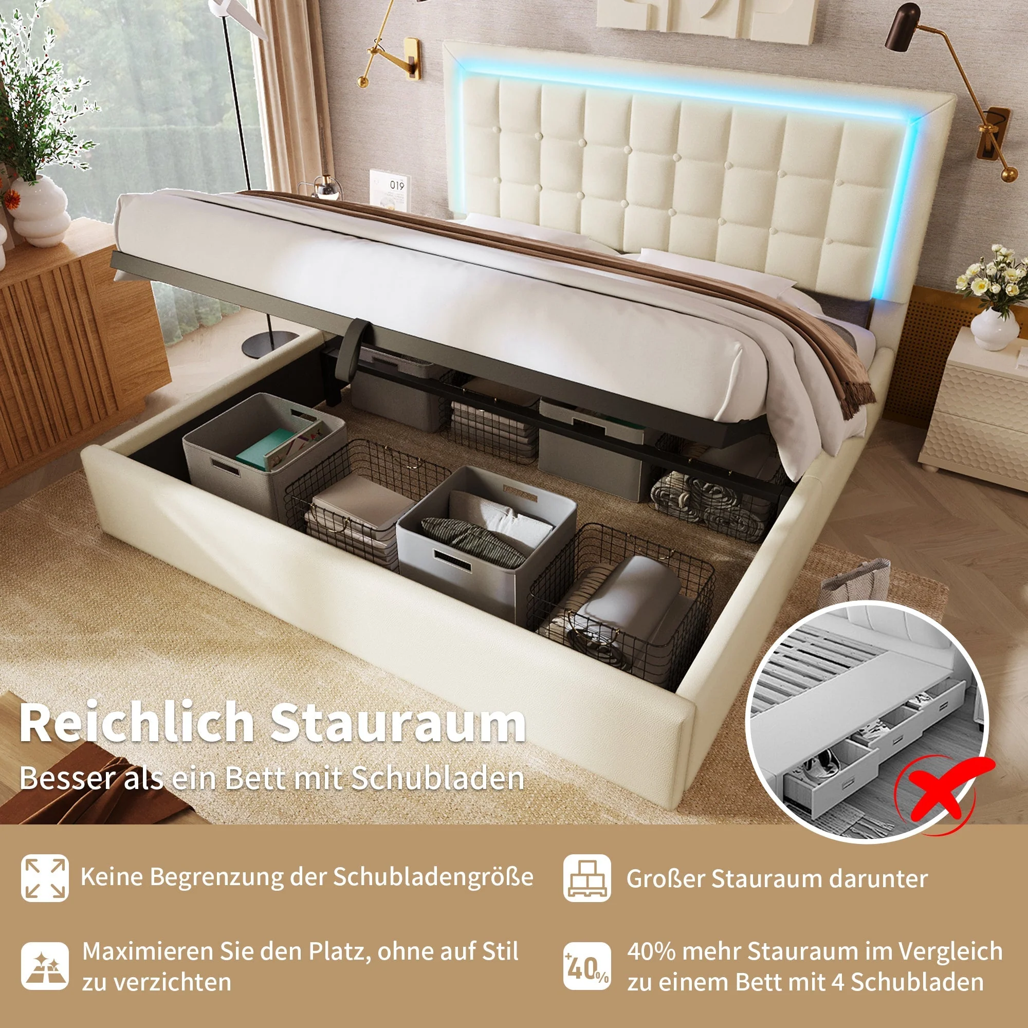 Upholstered Bed with LED Lighting, Storage and Slatted Frame, 160x200cm, White Faux Leather - Image 4