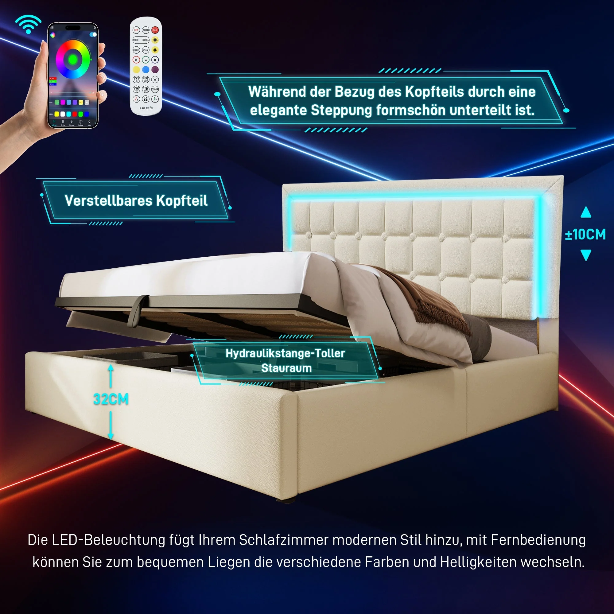 Upholstered Bed with LED Lighting, Storage and Slatted Frame, 160x200cm, White Faux Leather - Image 5