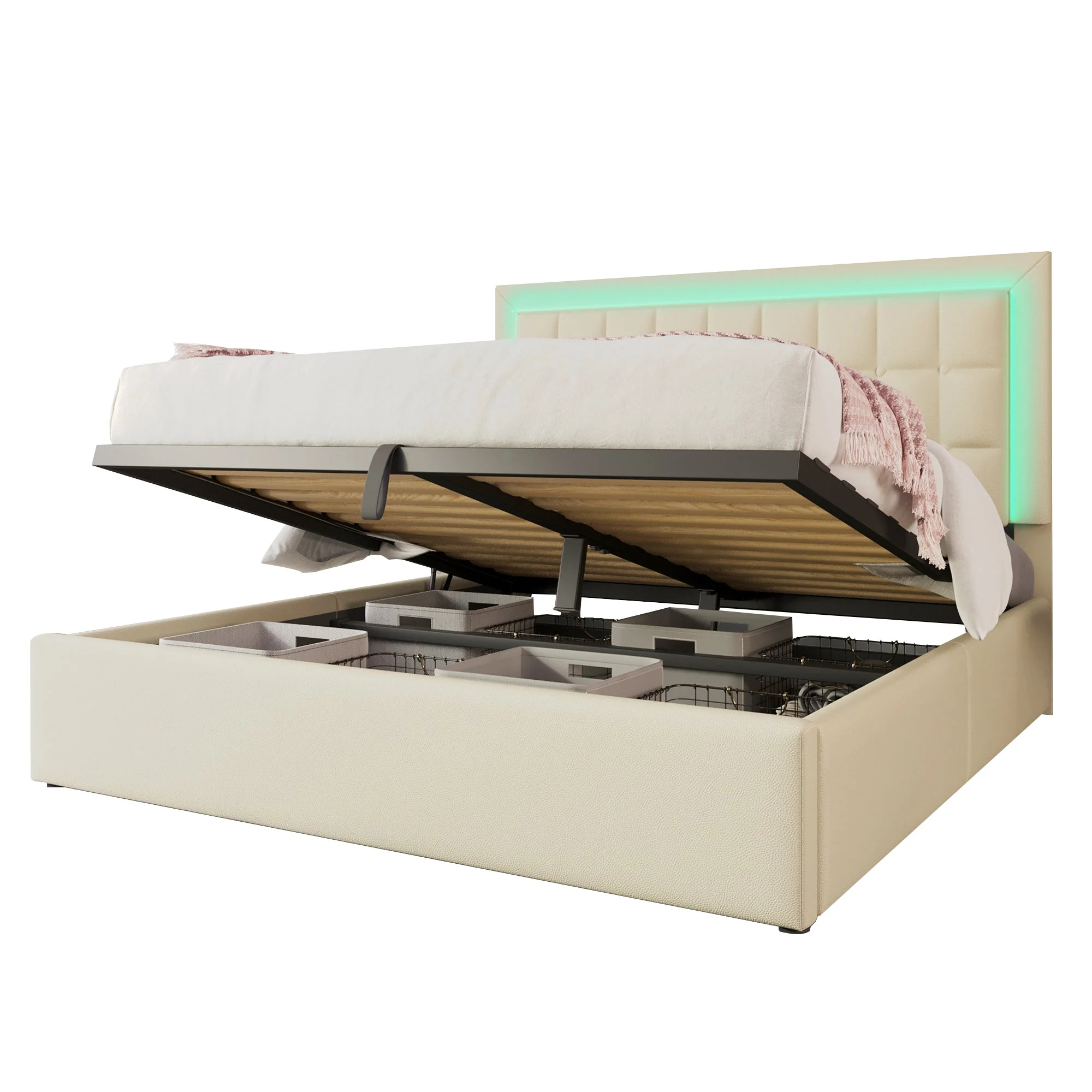 Upholstered Bed with LED Lighting, Storage and Slatted Frame, 160x200cm, White Faux Leather - Image 7