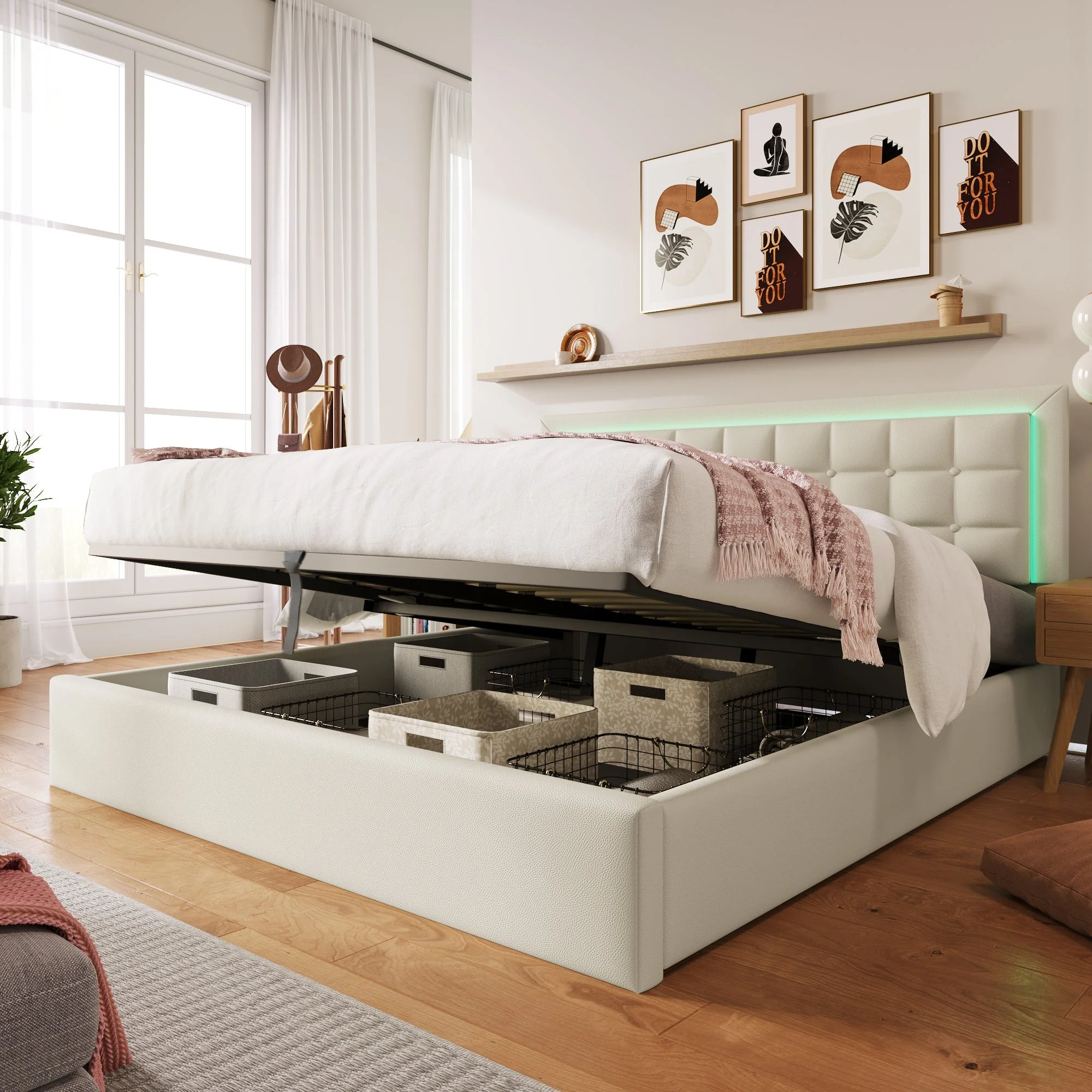 Upholstered Bed with LED Lighting, Storage and Slatted Frame, 160x200cm, White Faux Leather - Image 9