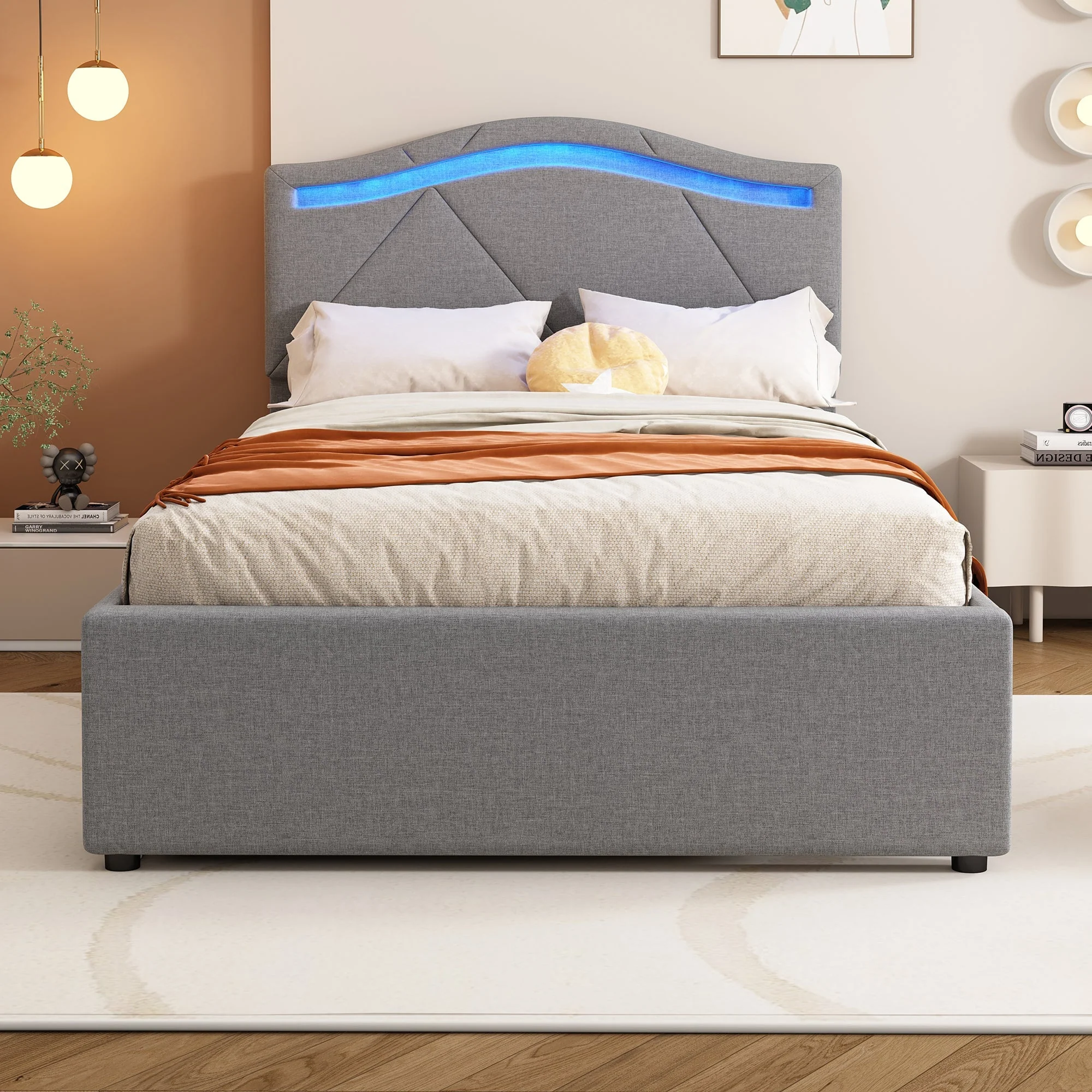 Upholstered Bed with LED Lights, 2 Drawers and Adjustable Headboard, Grey Linen - Image 4