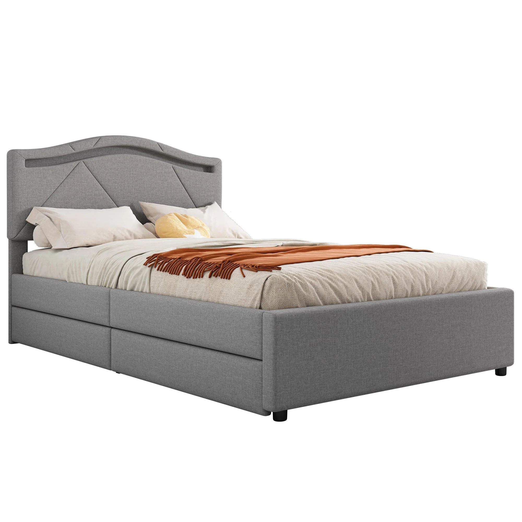 Upholstered Bed with LED Lights, 2 Drawers and Adjustable Headboard, Grey Linen - Image 7