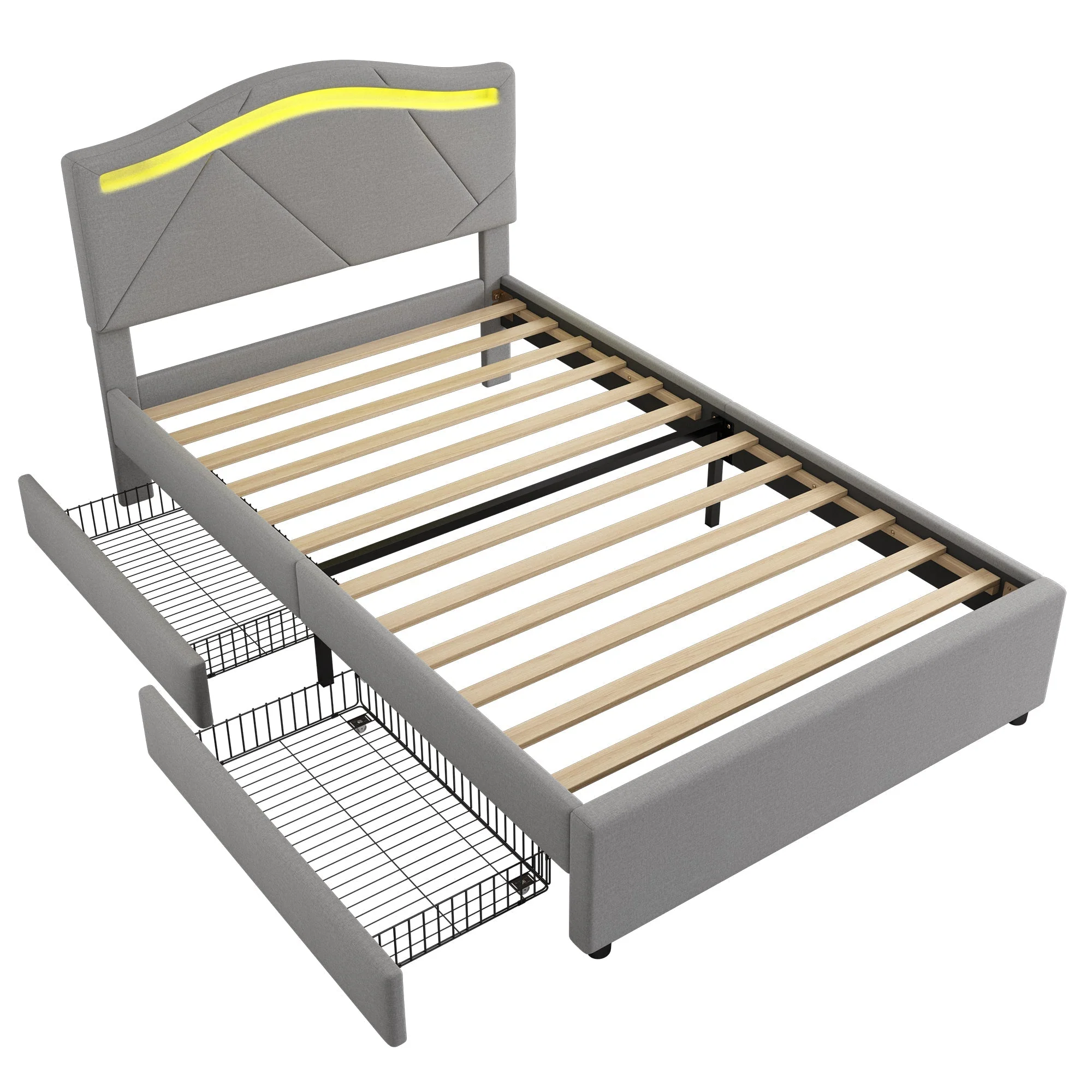 Upholstered Bed with LED Lights, 2 Drawers and Adjustable Headboard, Grey Linen - Image 9