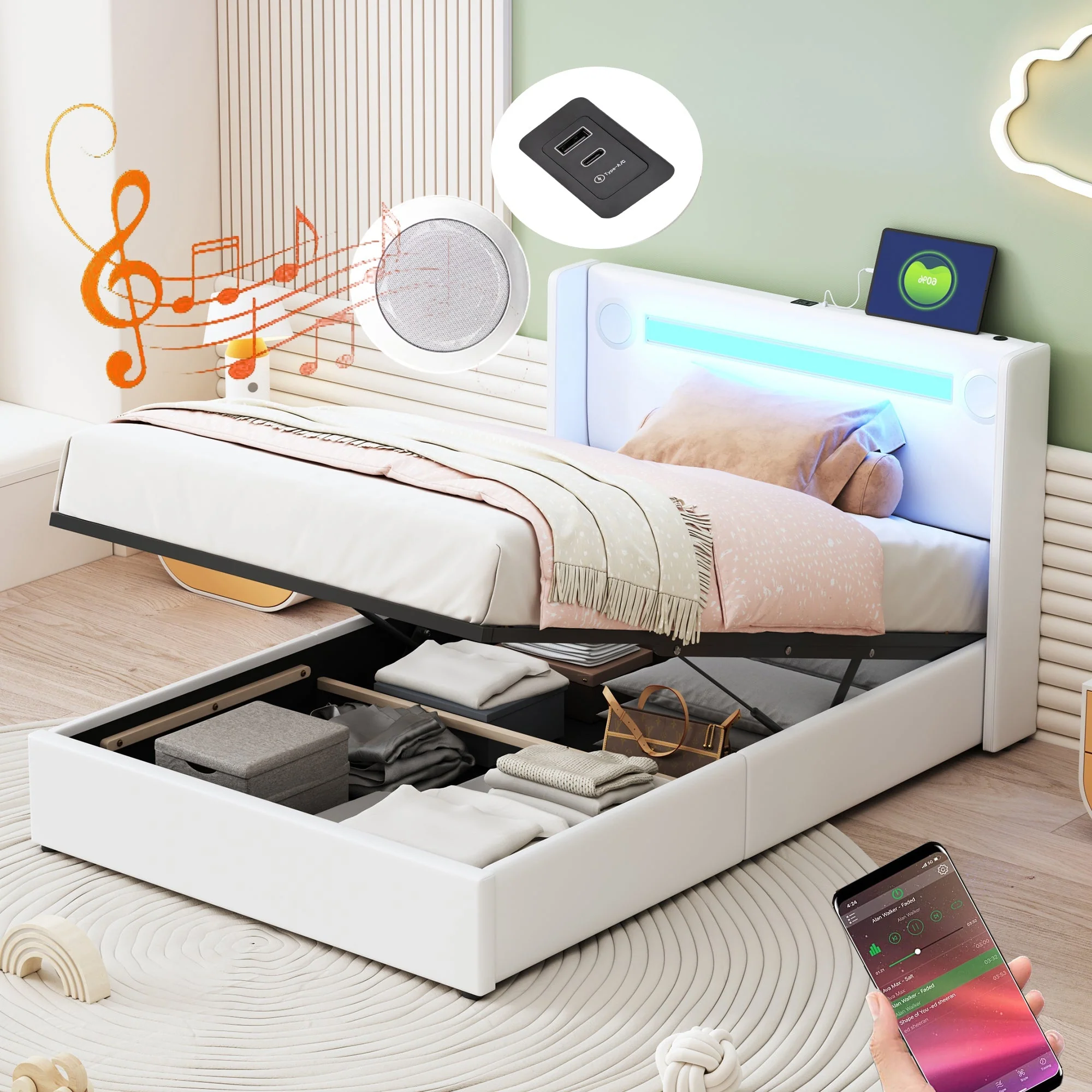 Upholstered Bed with LED Lights, Bluetooth Player, USB Ports and Hydraulic Storage, White PU Leather - Image 3