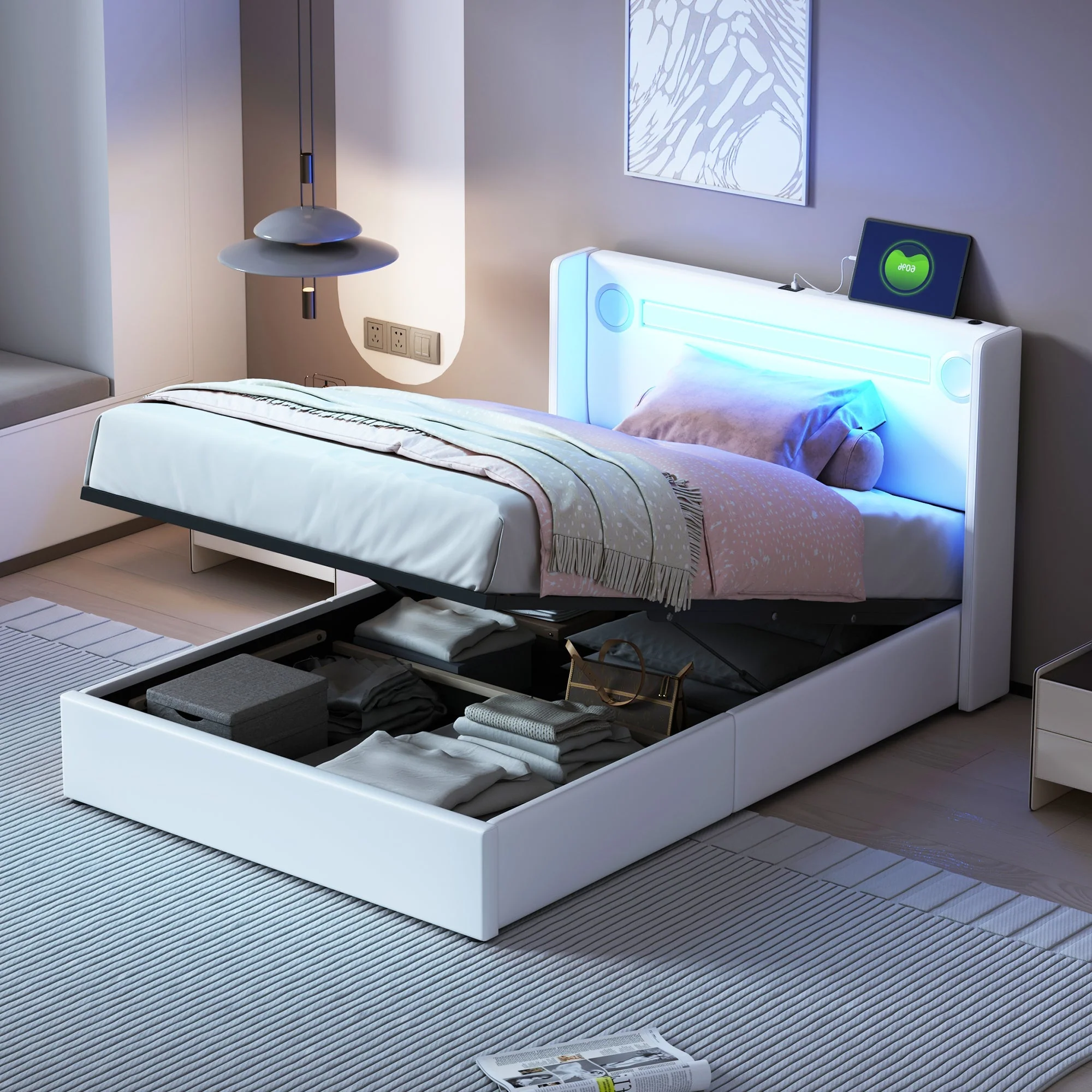 Upholstered Bed with LED Lights, Bluetooth Player, USB Ports and Hydraulic Storage, White PU Leather - Image 9