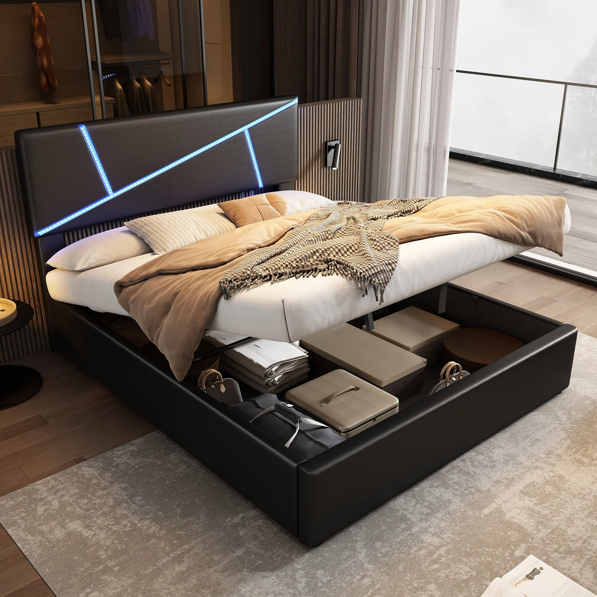 Upholstered Bed with LED Lights, Hydraulic Storage and Slatted Frame, 90x200cm, Black Synthetic Leather
