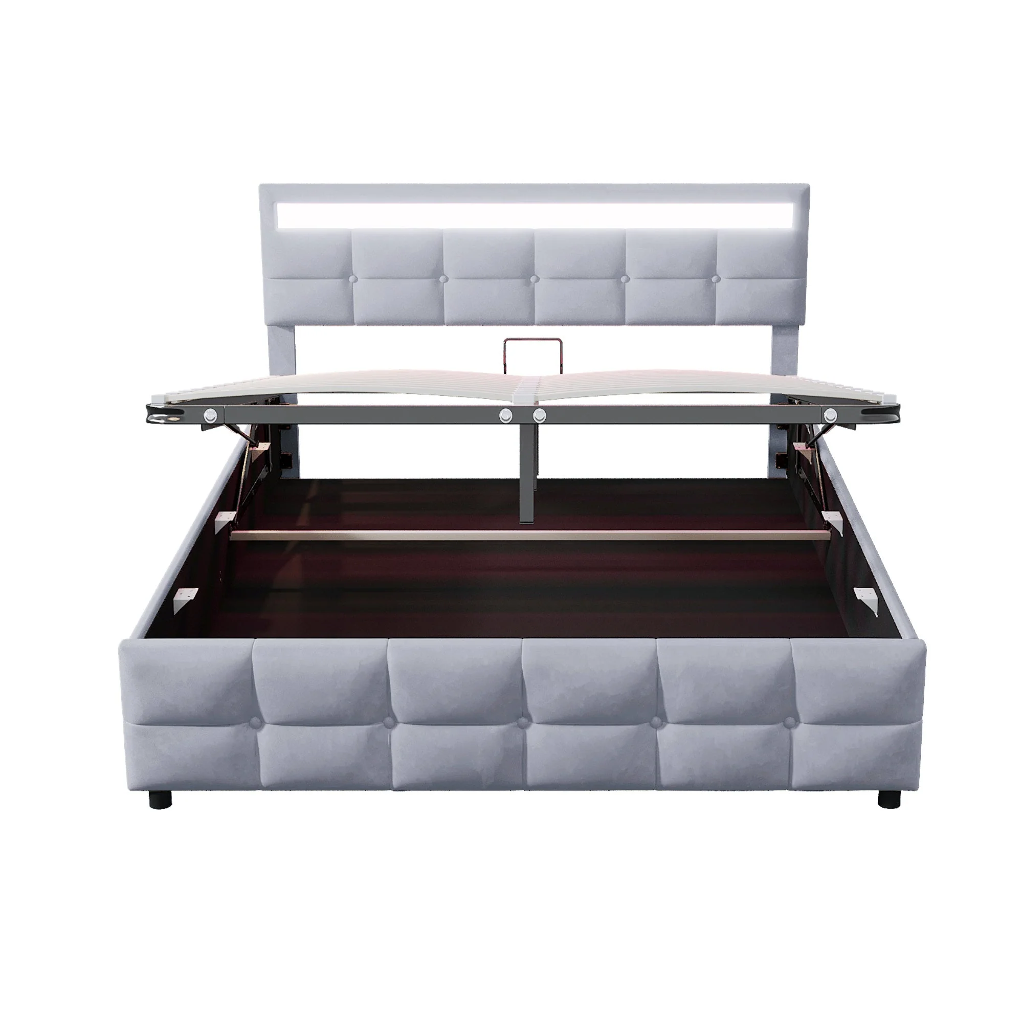 Upholstered Bed with LED Lights, Slatted Frame, Hydraulic, Dutch Velvet Fabric, Grey - Image 4