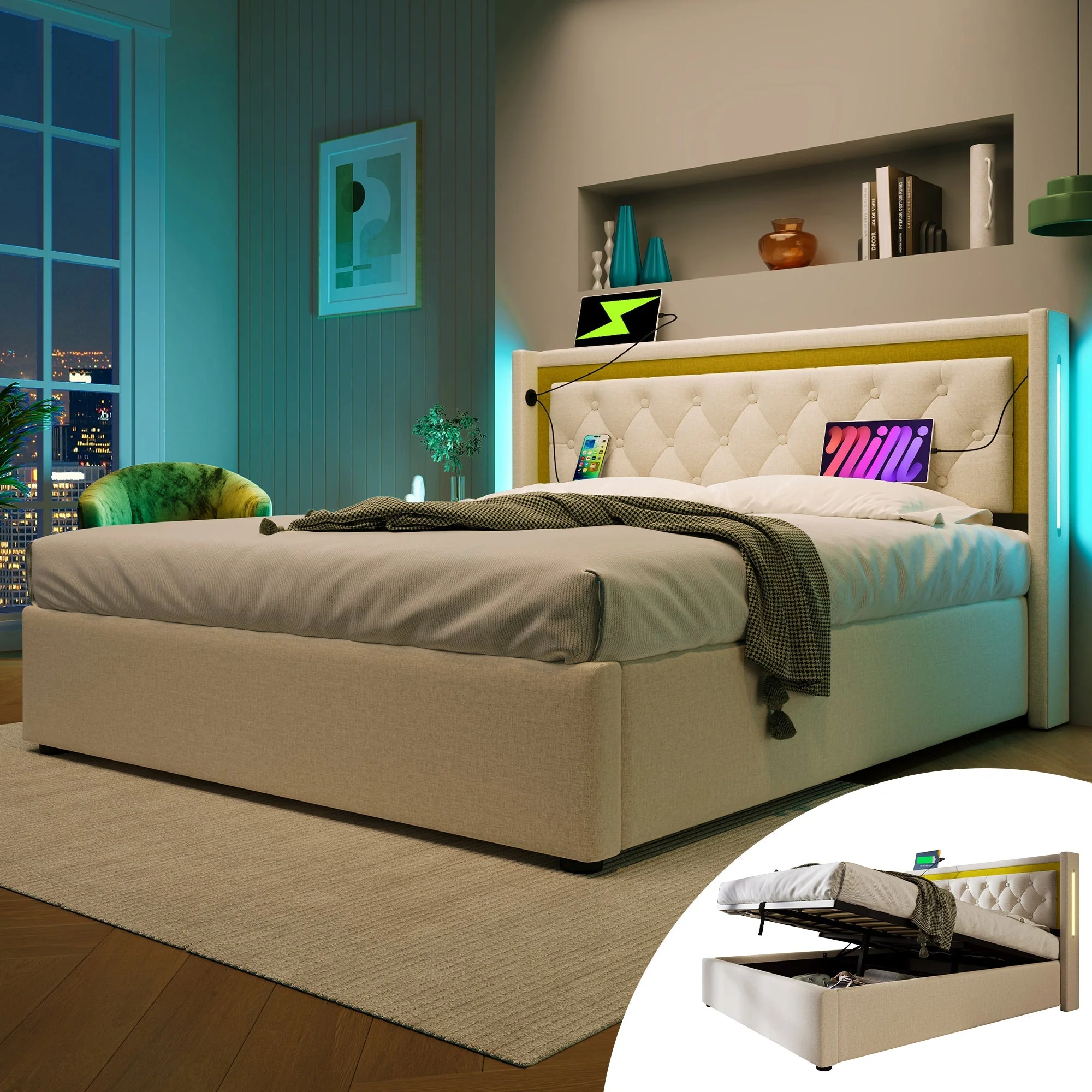 Upholstered Bed with LED, Storage, USB-C Headboard, 140x200 Cotton