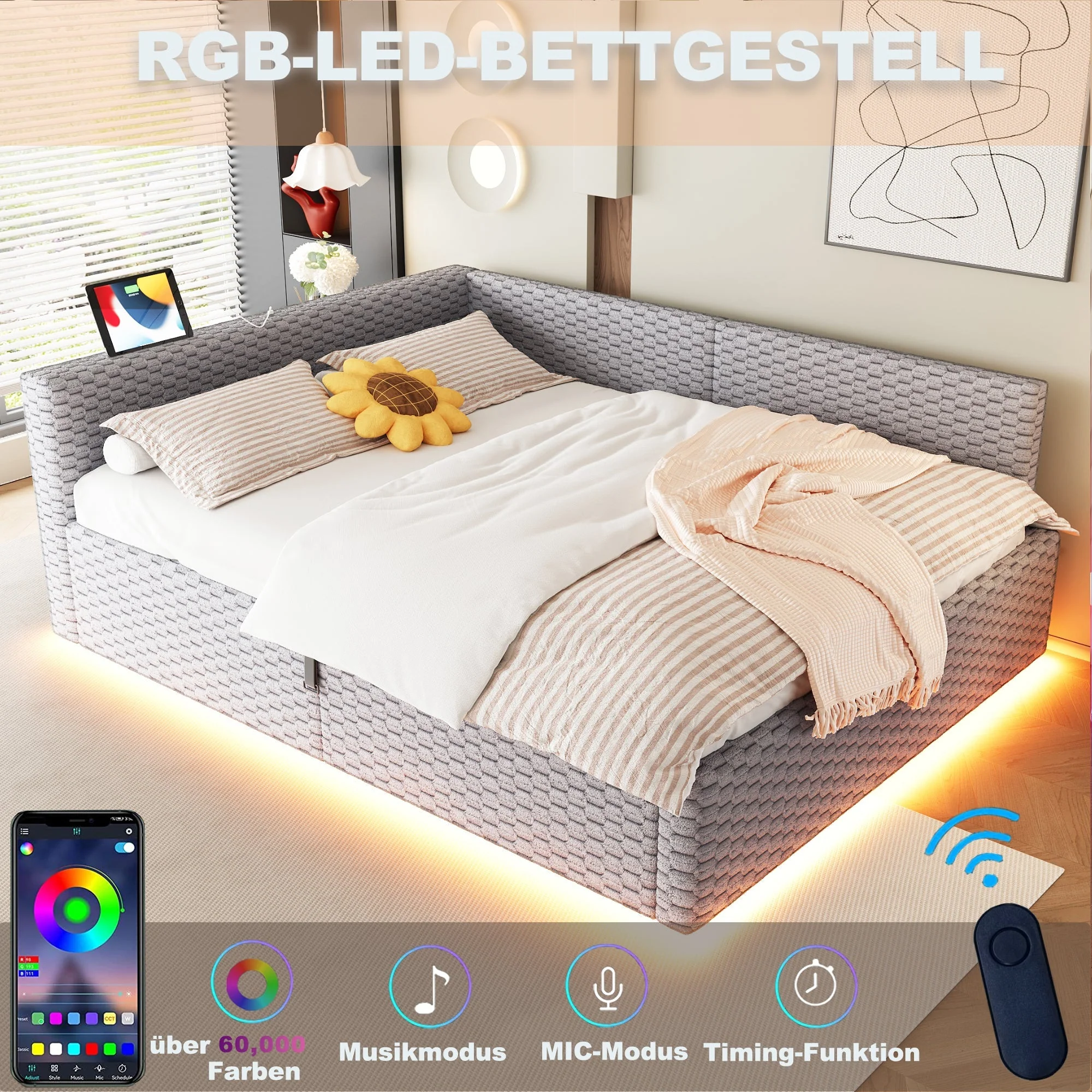 Upholstered Bed with LED, USB-C/USB and Hydraulic Storage, 140x200cm, Grey Velvet - Image 6