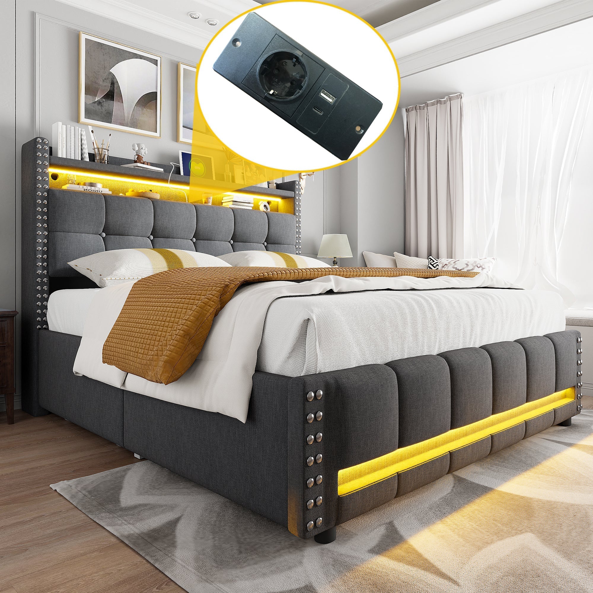 Upholstered Bed with LED, USB, Shelves & 4 Drawers, Gray Linen - Image 4