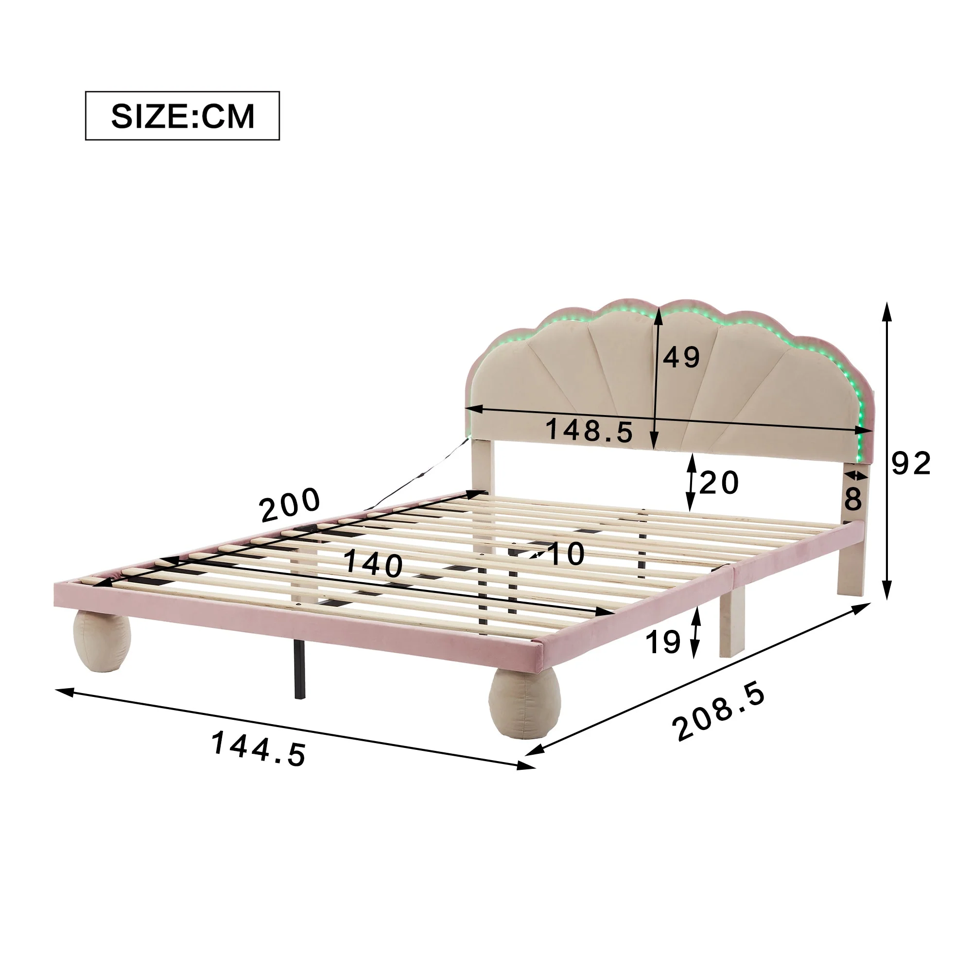 Upholstered Bed with Light Stripes, Scalloped Headboard & Round Legs, Velvet Beige+Pink - Image 4