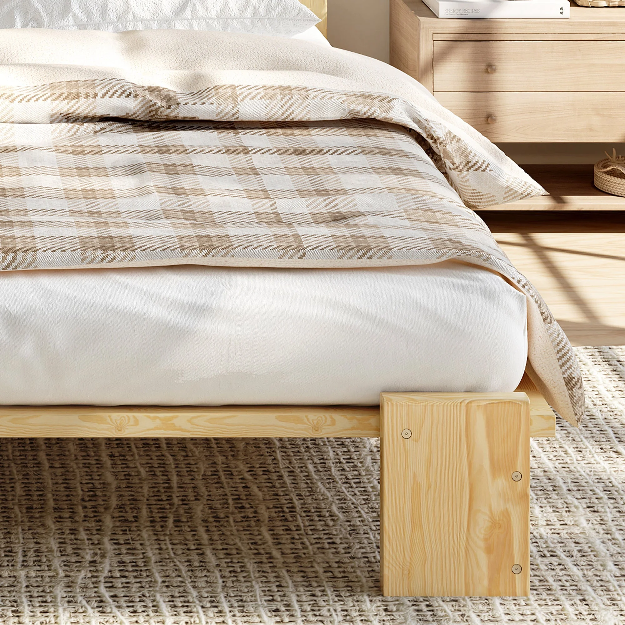 Upholstered Bed with Padded Headboard and Sturdy Slatted Base, 140x200cm, Natural Pine - Image 8
