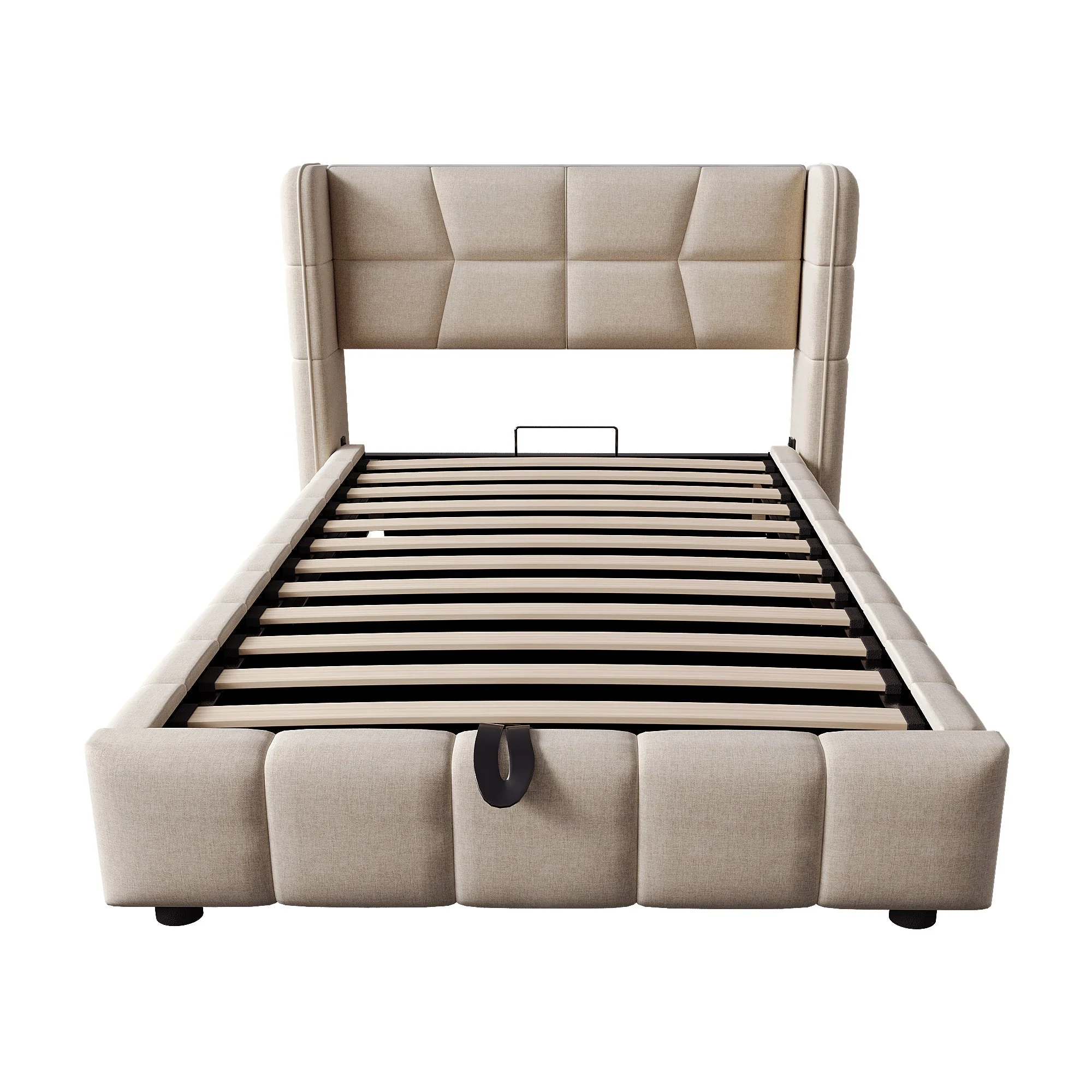 Upholstered Bed with Pneumatic Storage System and Headboard, 90 x 200 cm, Beige Linen - Image 10