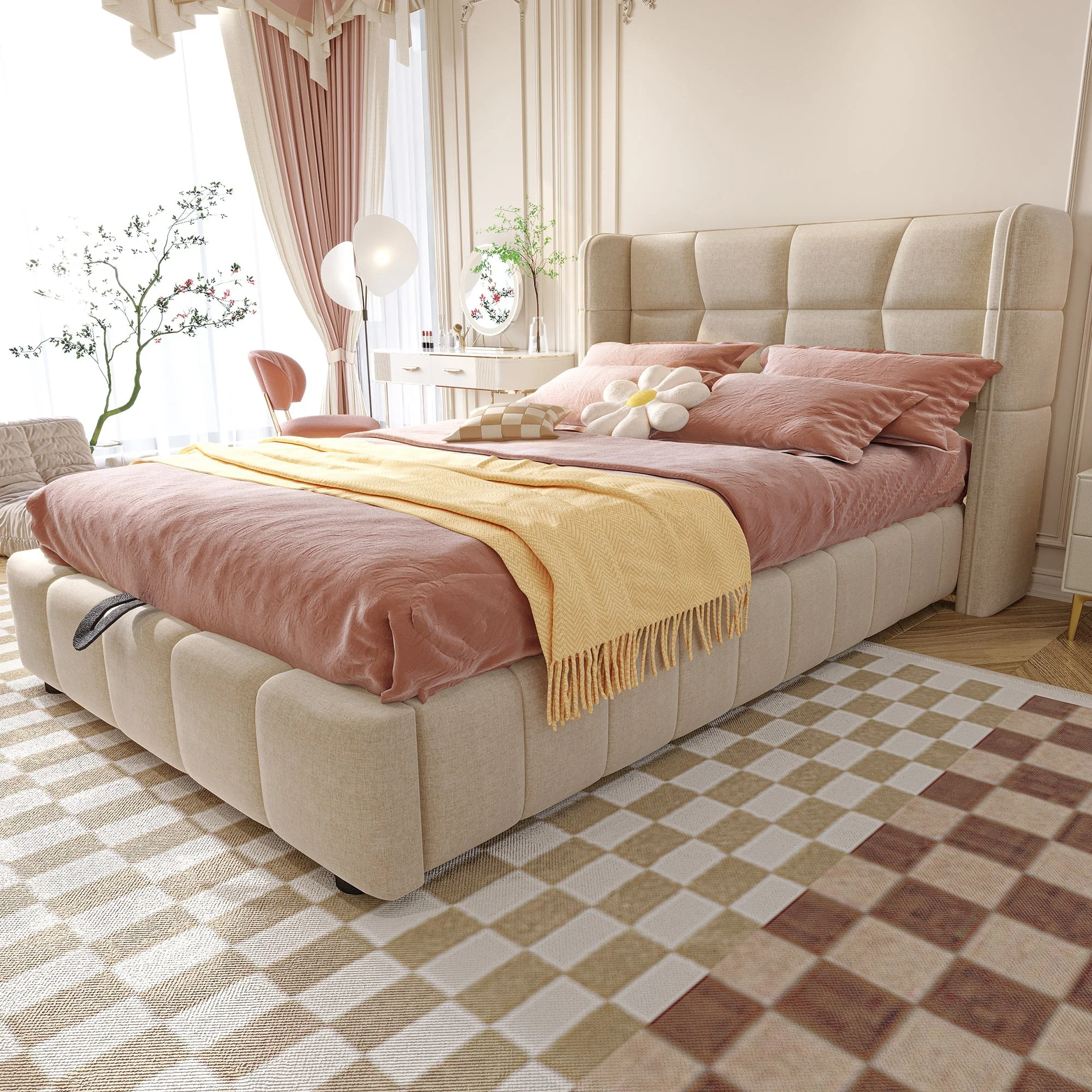 Upholstered Bed with Pneumatic Storage System and Headboard, 90 x 200 cm, Beige Linen - Image 2
