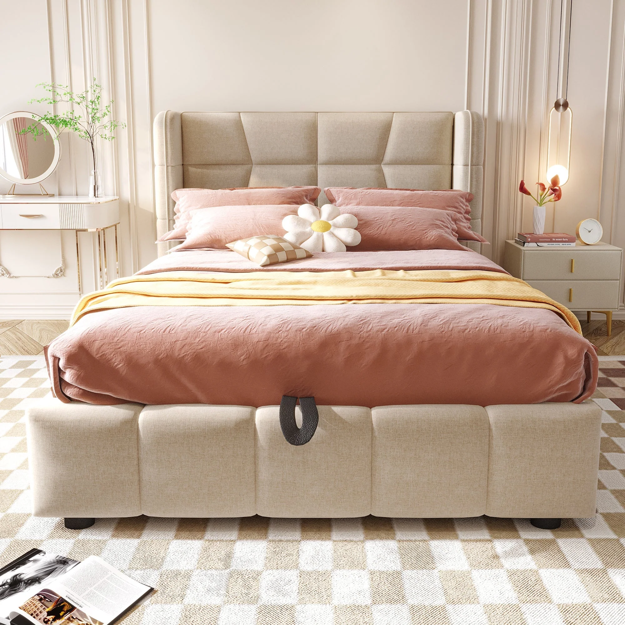 Upholstered Bed with Pneumatic Storage System and Headboard, 90 x 200 cm, Beige Linen - Image 3