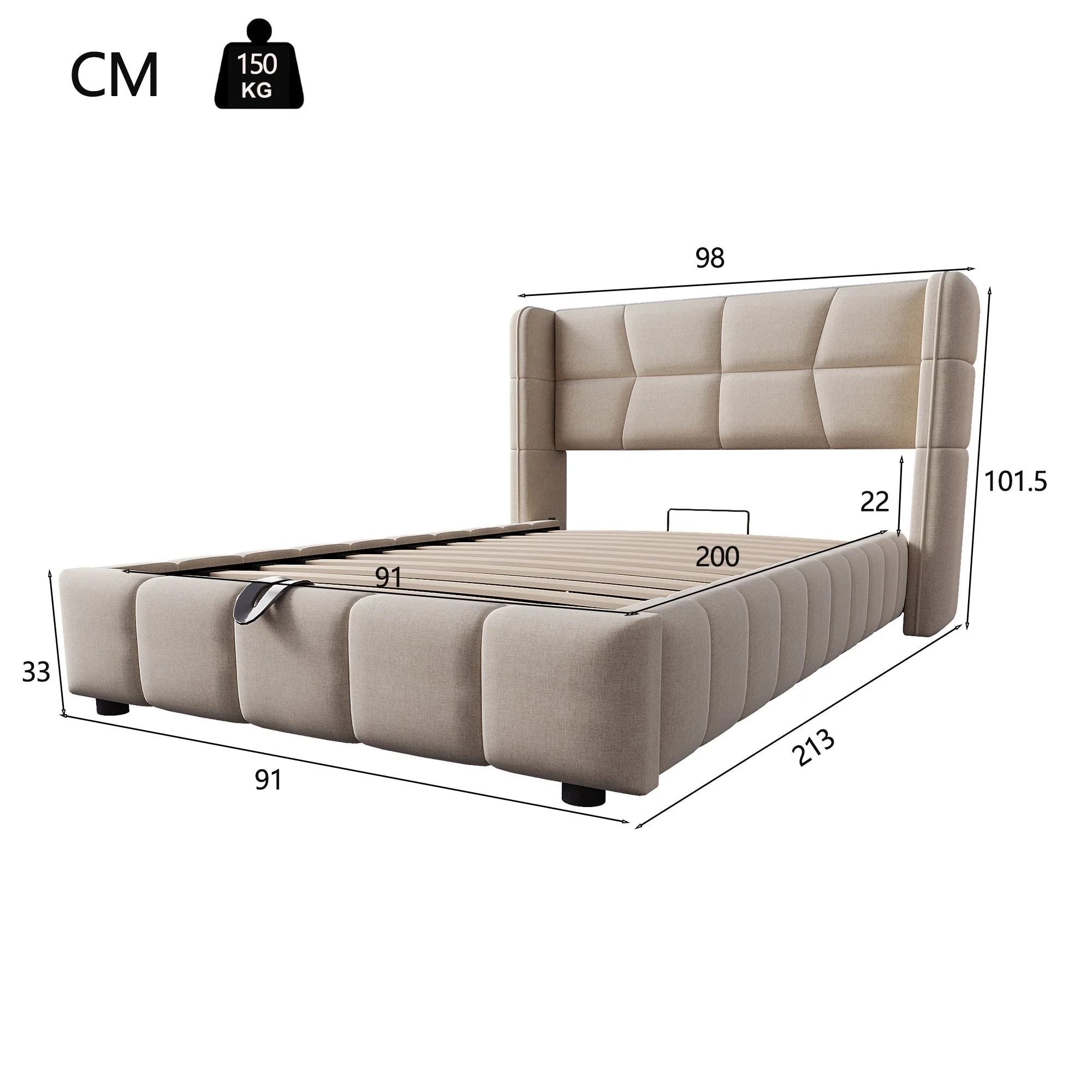 Upholstered Bed with Pneumatic Storage System and Headboard, 90 x 200 cm, Beige Linen - Image 8