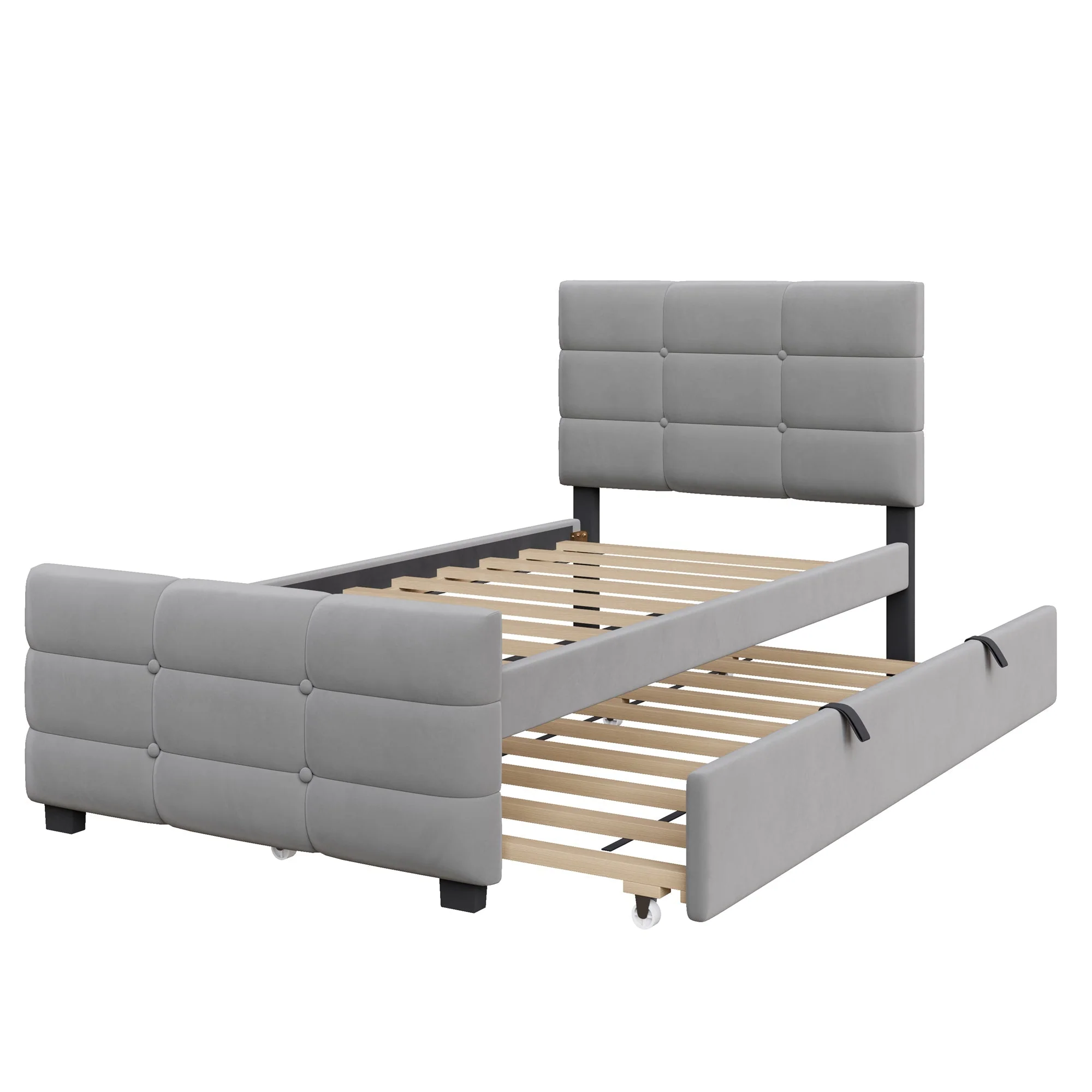 Upholstered Bed with Pull-out Bed, 90x190cm, Grey Velvet Fabric - Image 9