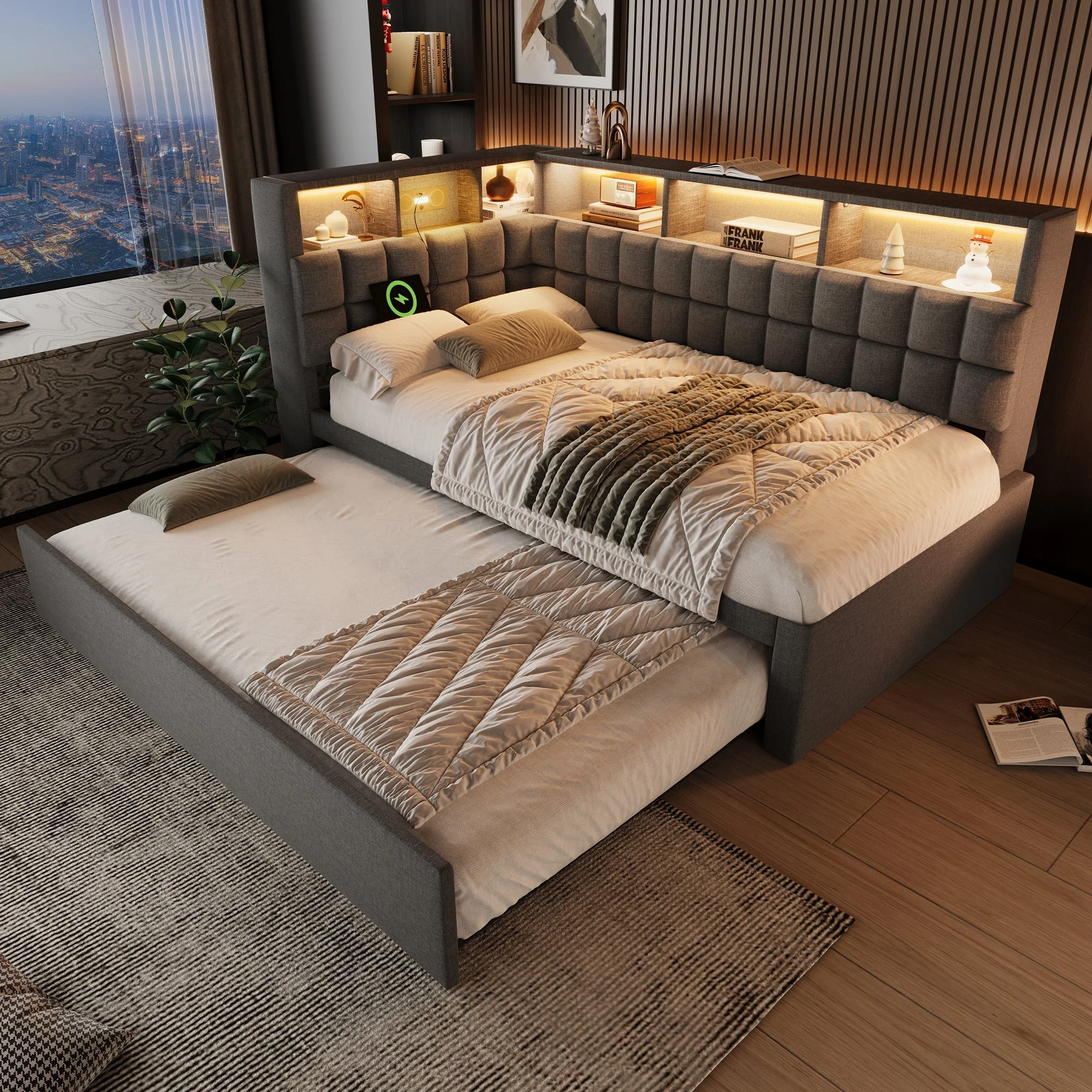 Upholstered Bed with Pull-out Bed, LED, Bluetooth Speaker and Charging Ports, 90x200cm, Grey Linen - Image 9