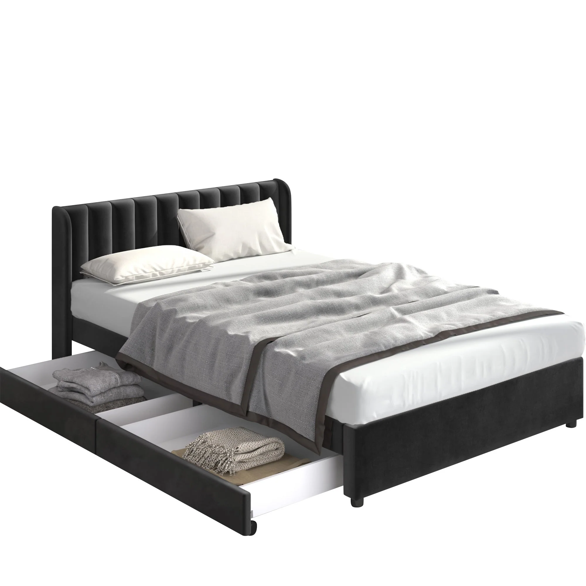 Upholstered Bed with Slatted Base and 2 Drawers, 160 x 200 cm, Black Velvet - Image 5