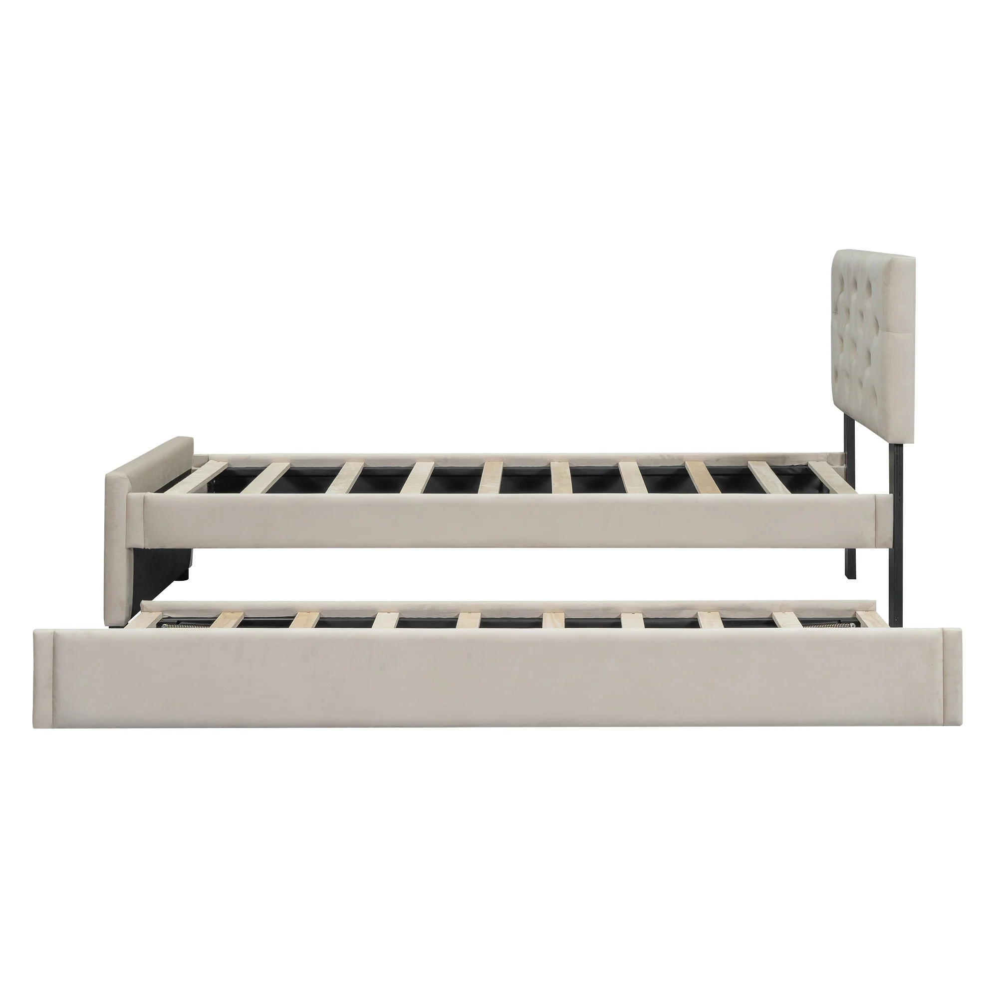 Upholstered Bed with Slatted Base and Rolling Storage, 90x200cm, Beige Velvet - Image 10