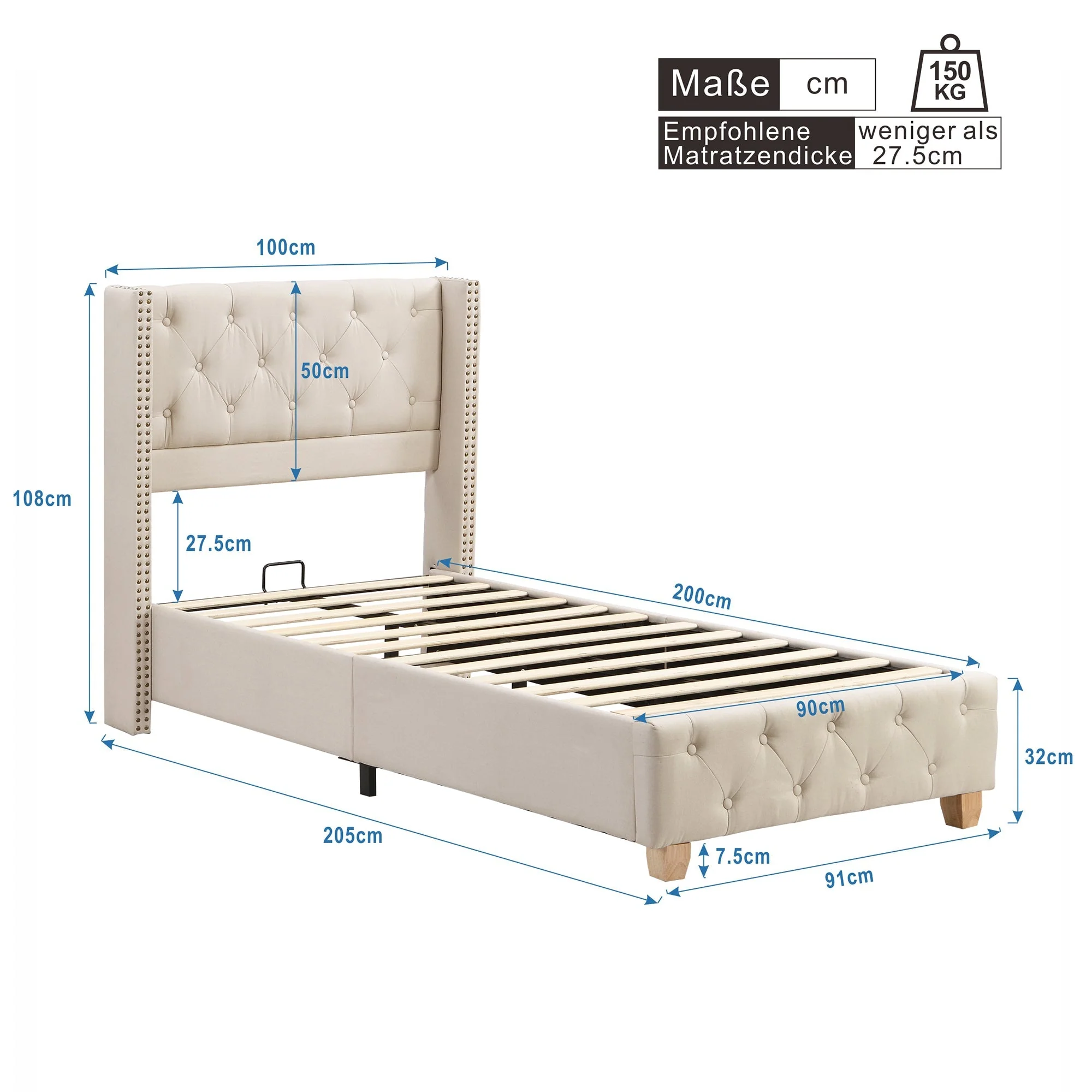 Upholstered Bed with Slatted Frame and Headboard, 90x200cm, Beige Linen - Image 8