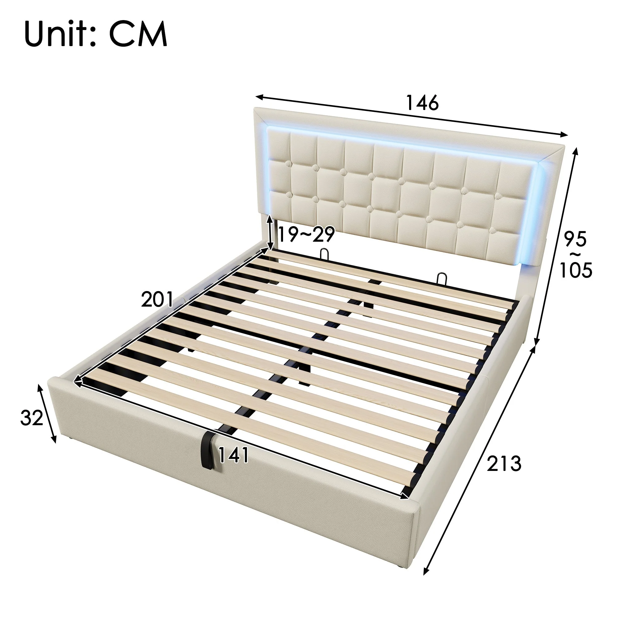 Upholstered Bed with Storage, LED Lighting and Mattress, 140x200cm, White Faux Leather - Image 2