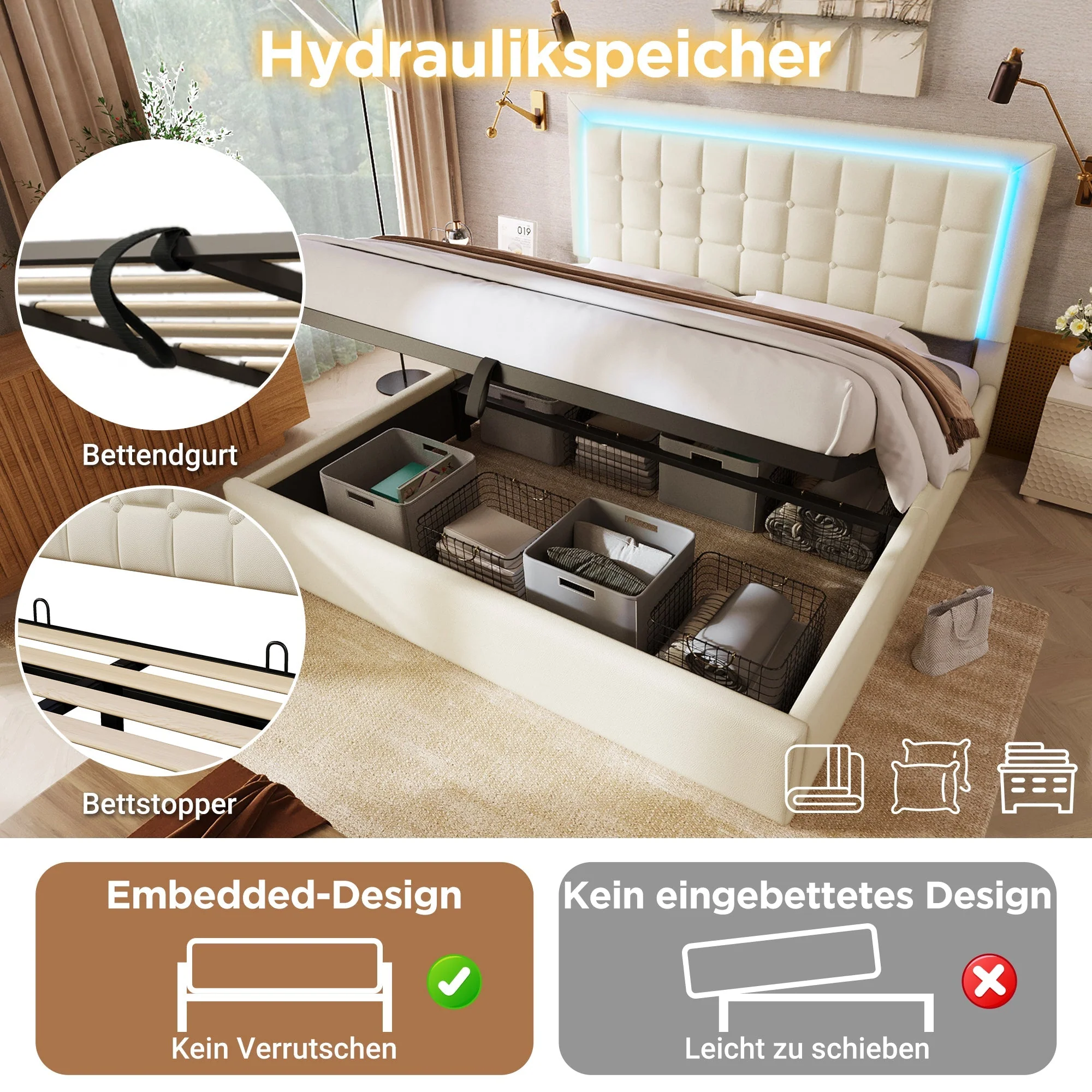 Upholstered Bed with Storage, LED Lighting and Mattress, 140x200cm, White Faux Leather - Image 3
