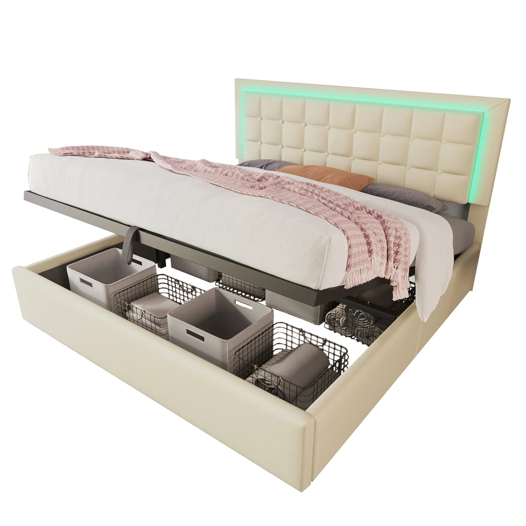 Upholstered Bed with Storage, LED Lighting and Mattress, 140x200cm, White Faux Leather - Image 8