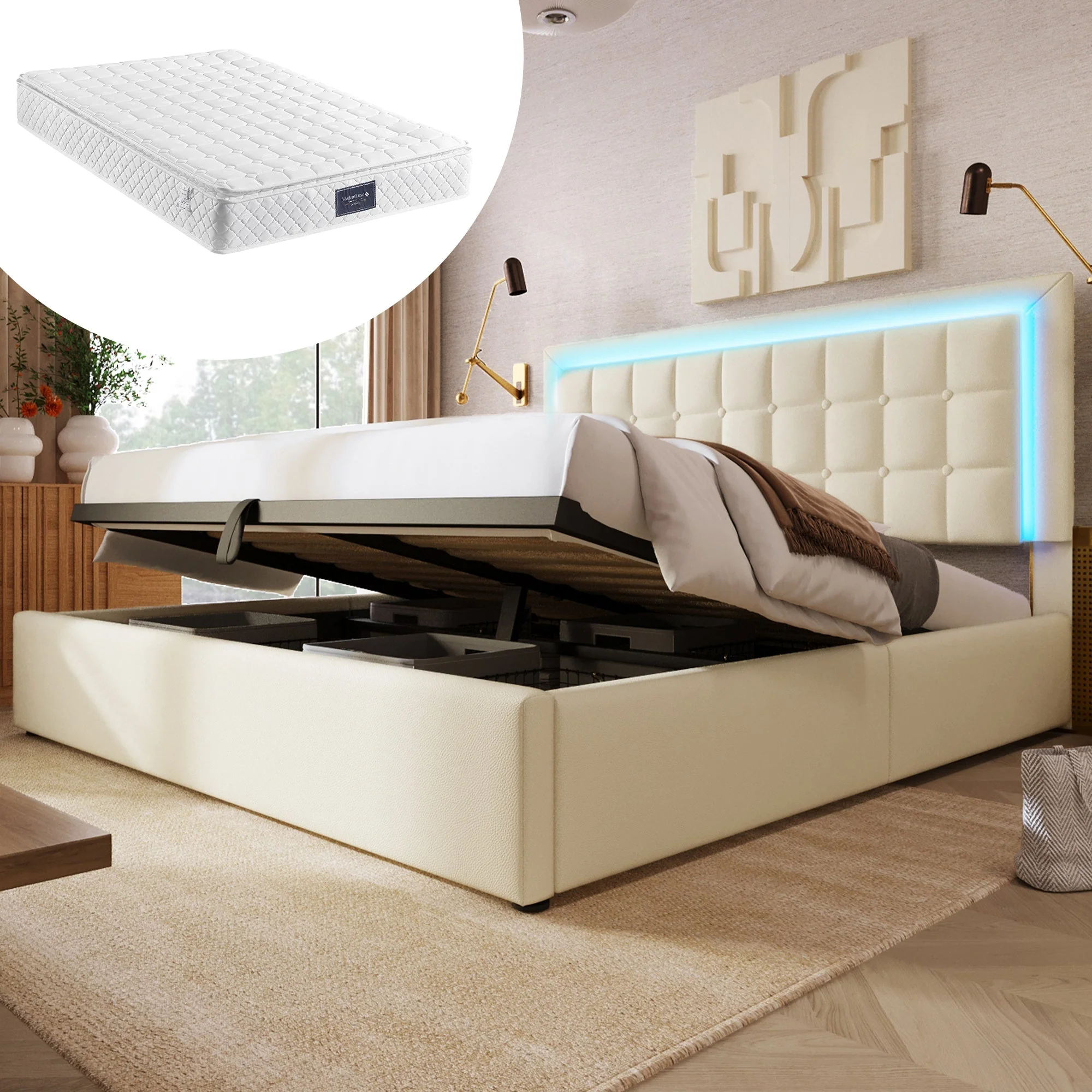 Upholstered Bed with Storage, LED Lighting and Mattress, 140x200cm, White Faux Leather - Image 9