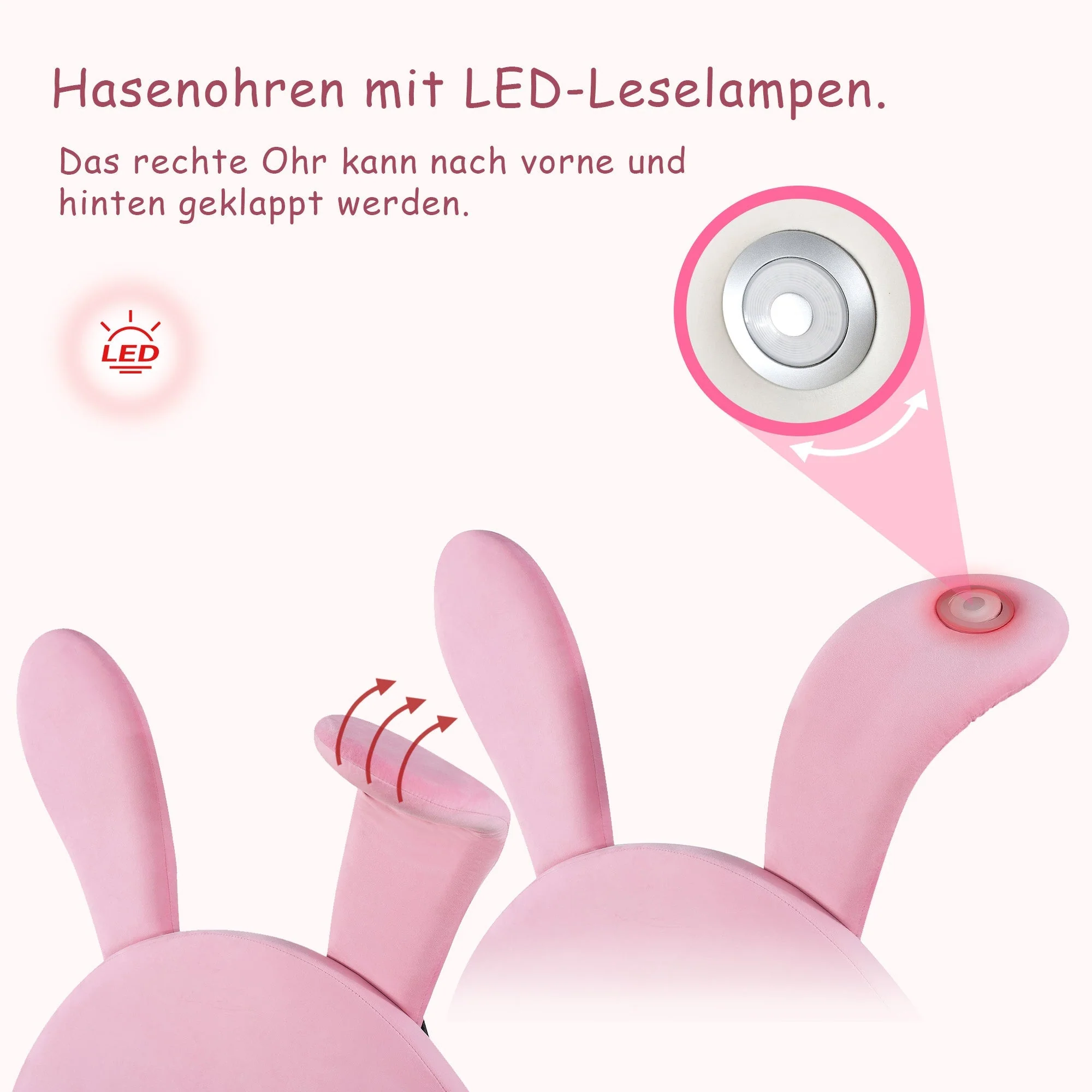 Upholstered Bed with Storage Stools, LED Lighting and Bunny Ears, Pink French Velvet - Image 6