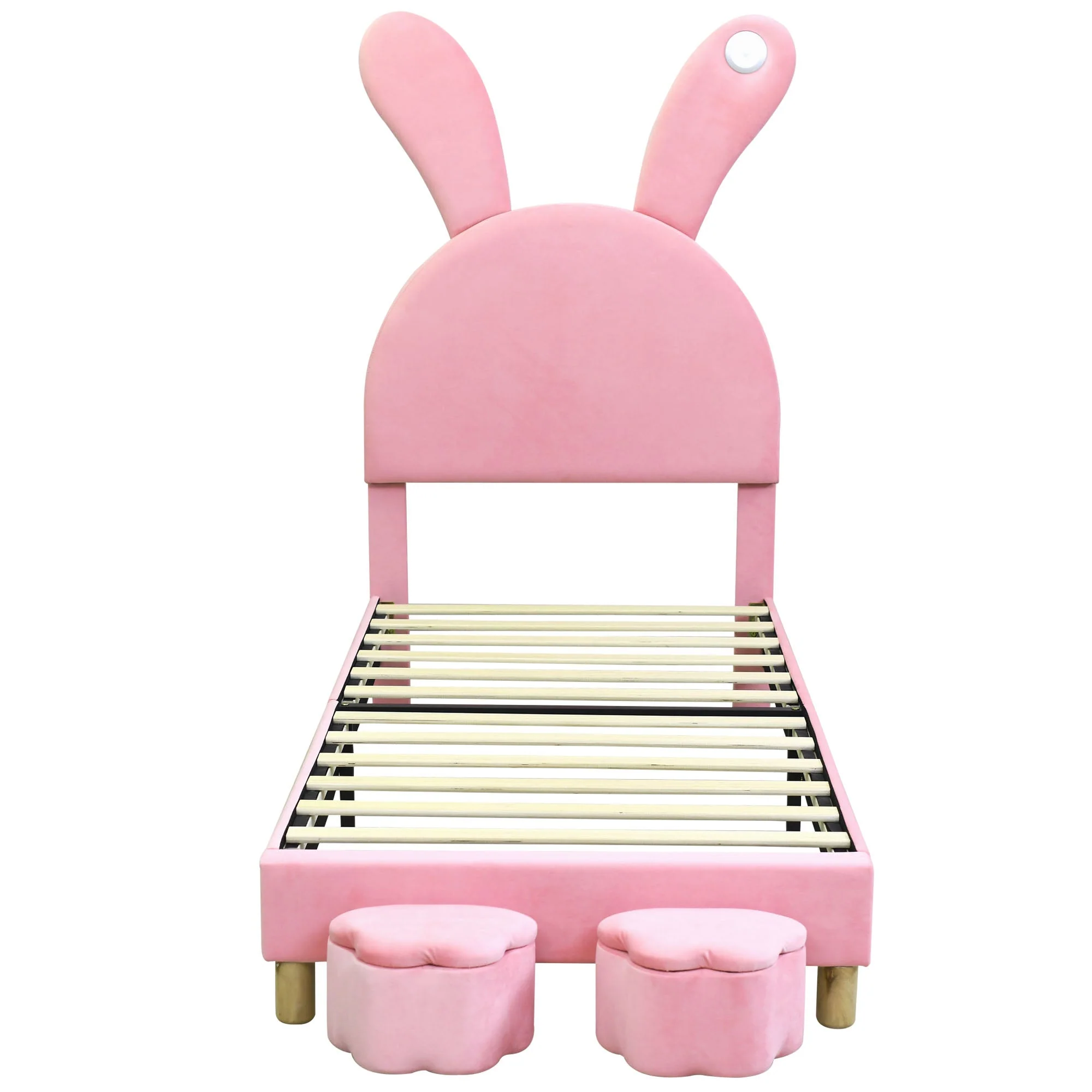 Upholstered Bed with Storage Stools, LED Lighting and Bunny Ears, Pink French Velvet - Image 9