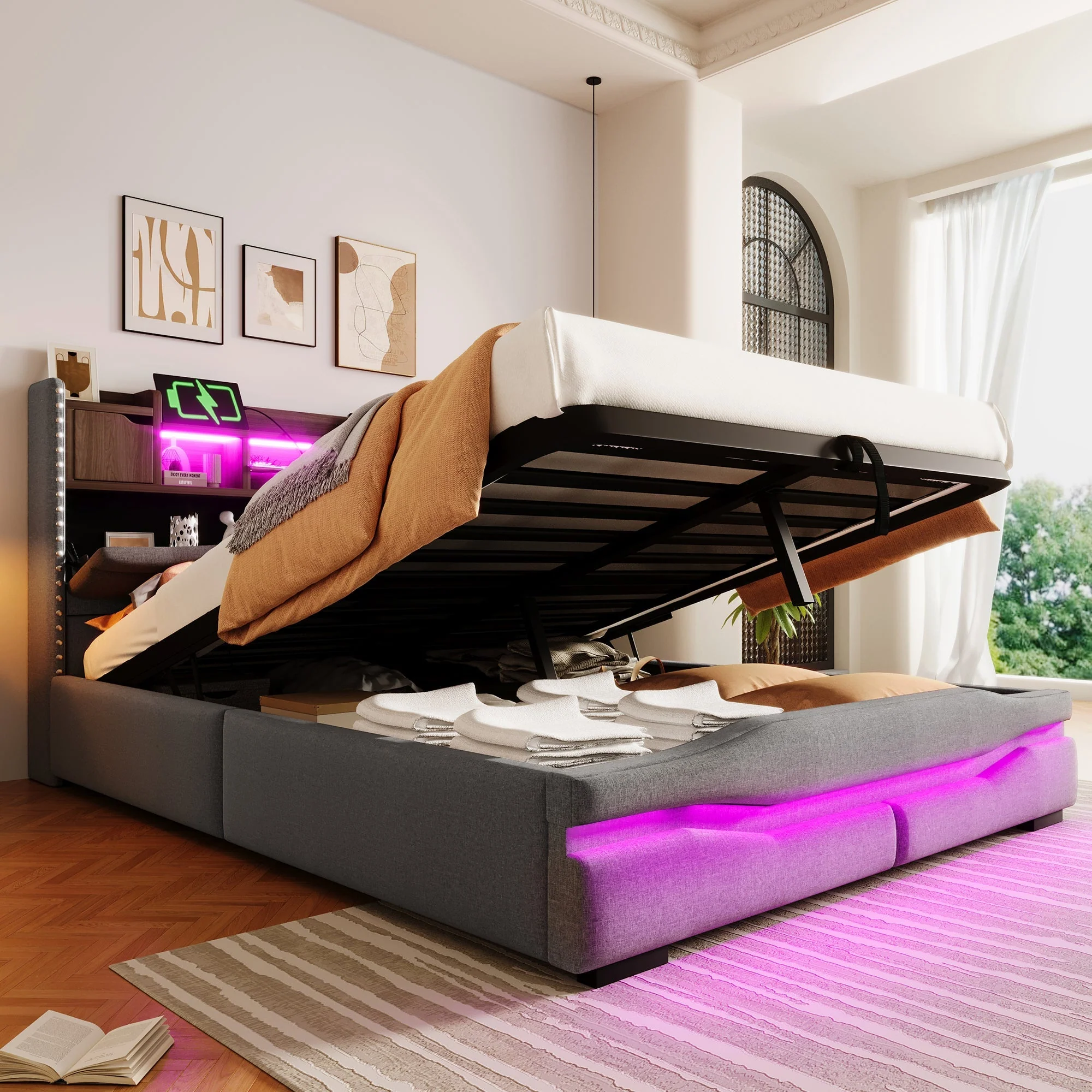 Upholstered Bed with USB-C Charging, LED Ambient Lighting and Hydraulic Storage, Grey - Image 6