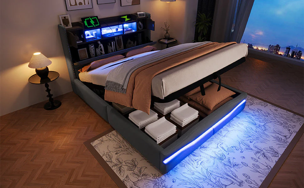 Upholstered Bed with USB-C Charging, LED Ambient Lighting and Hydraulic Storage, Grey - Image 7