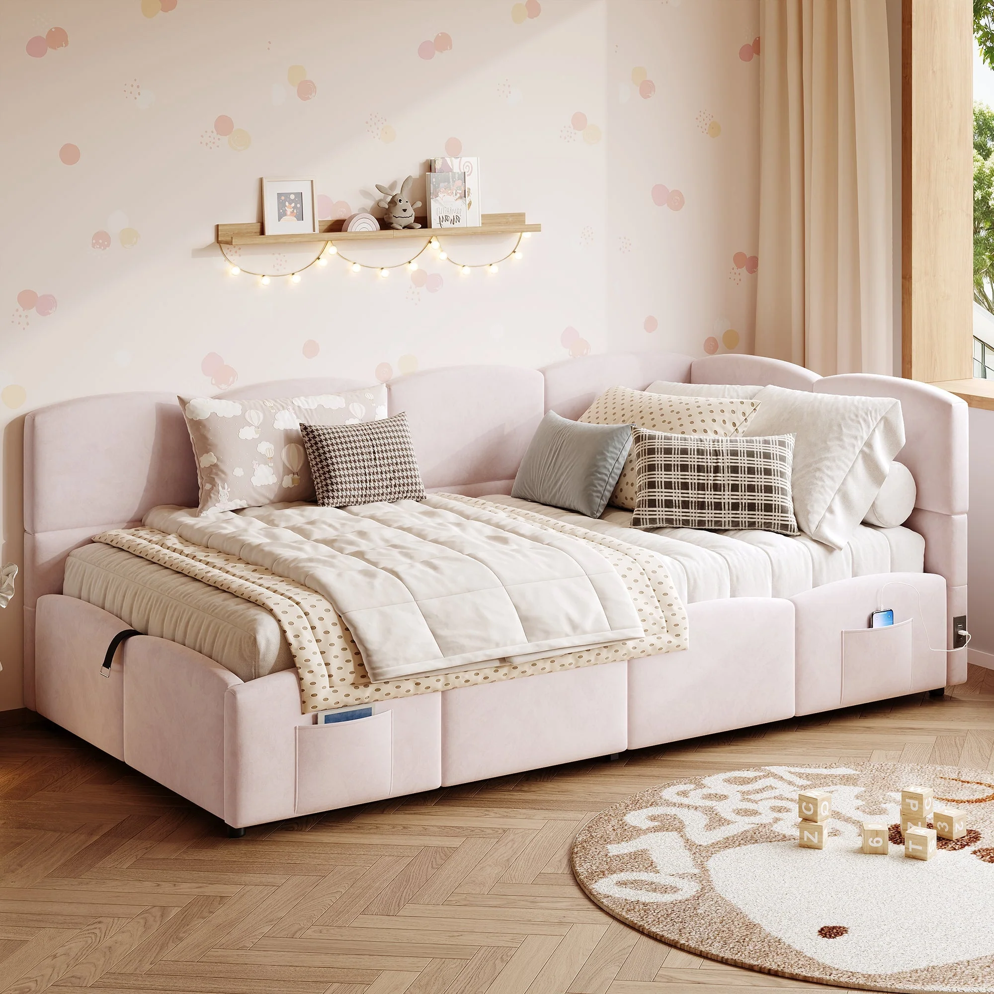 Upholstered Bed with USB Charger and Storage, 90x200cm, Pink Velvet - Image 3