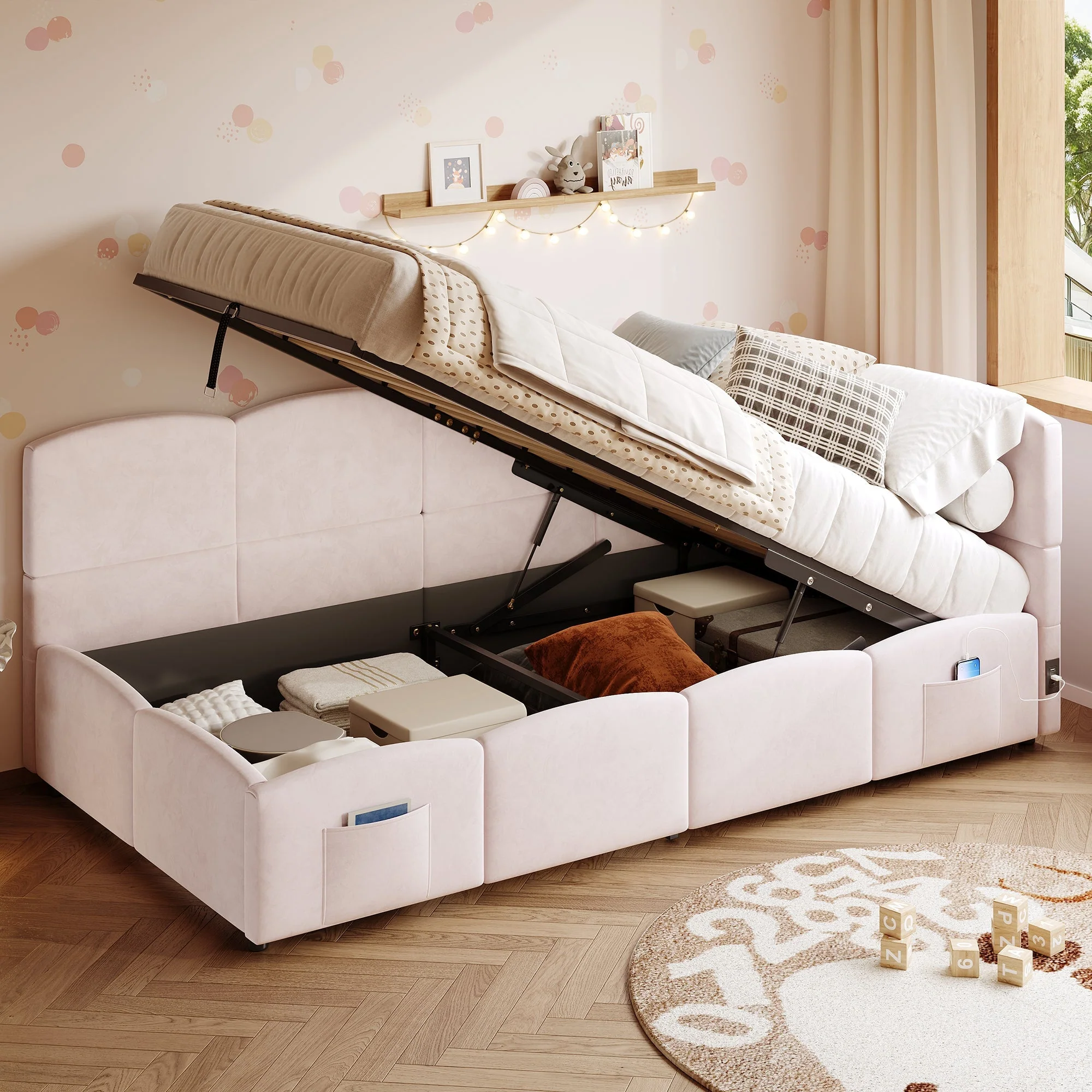 Upholstered Bed with USB Charger and Storage, 90x200cm, Pink Velvet - Image 4