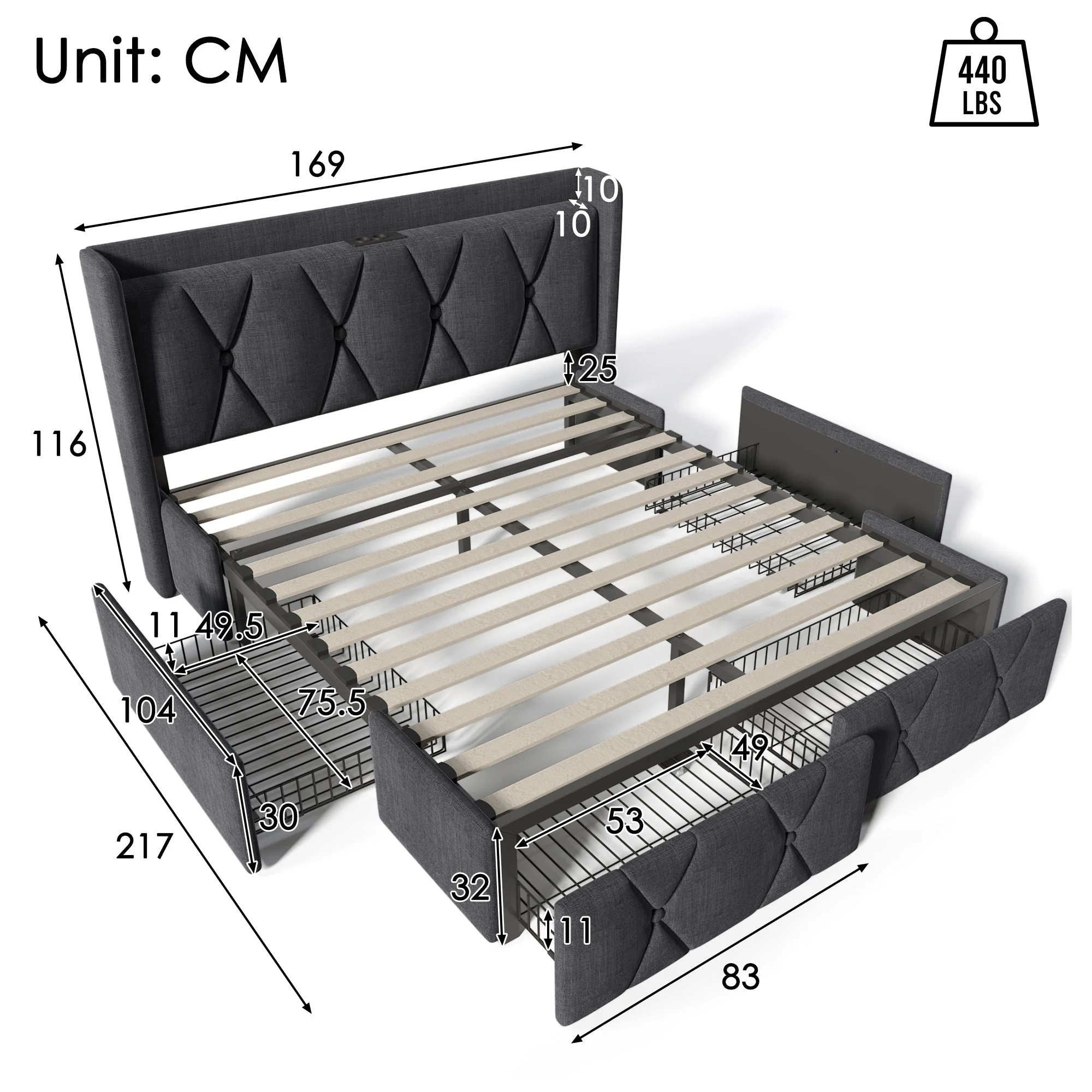 Upholstered Bed with USB Charging Headboard and 4 Drawers, 160x200cm, Grey Wood and Fabric - Image 2