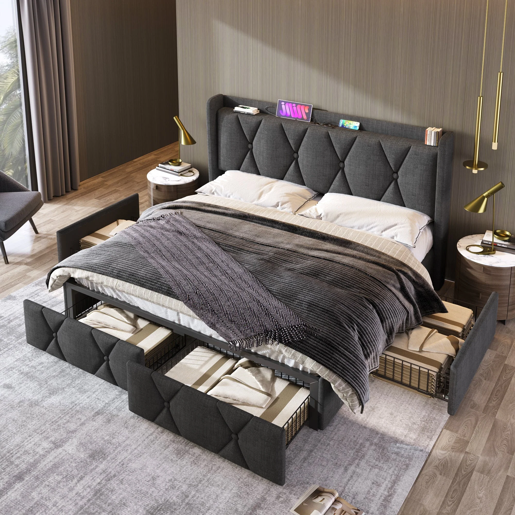 Upholstered Bed with USB Charging Headboard and 4 Drawers, 160x200cm, Grey Wood and Fabric - Image 9