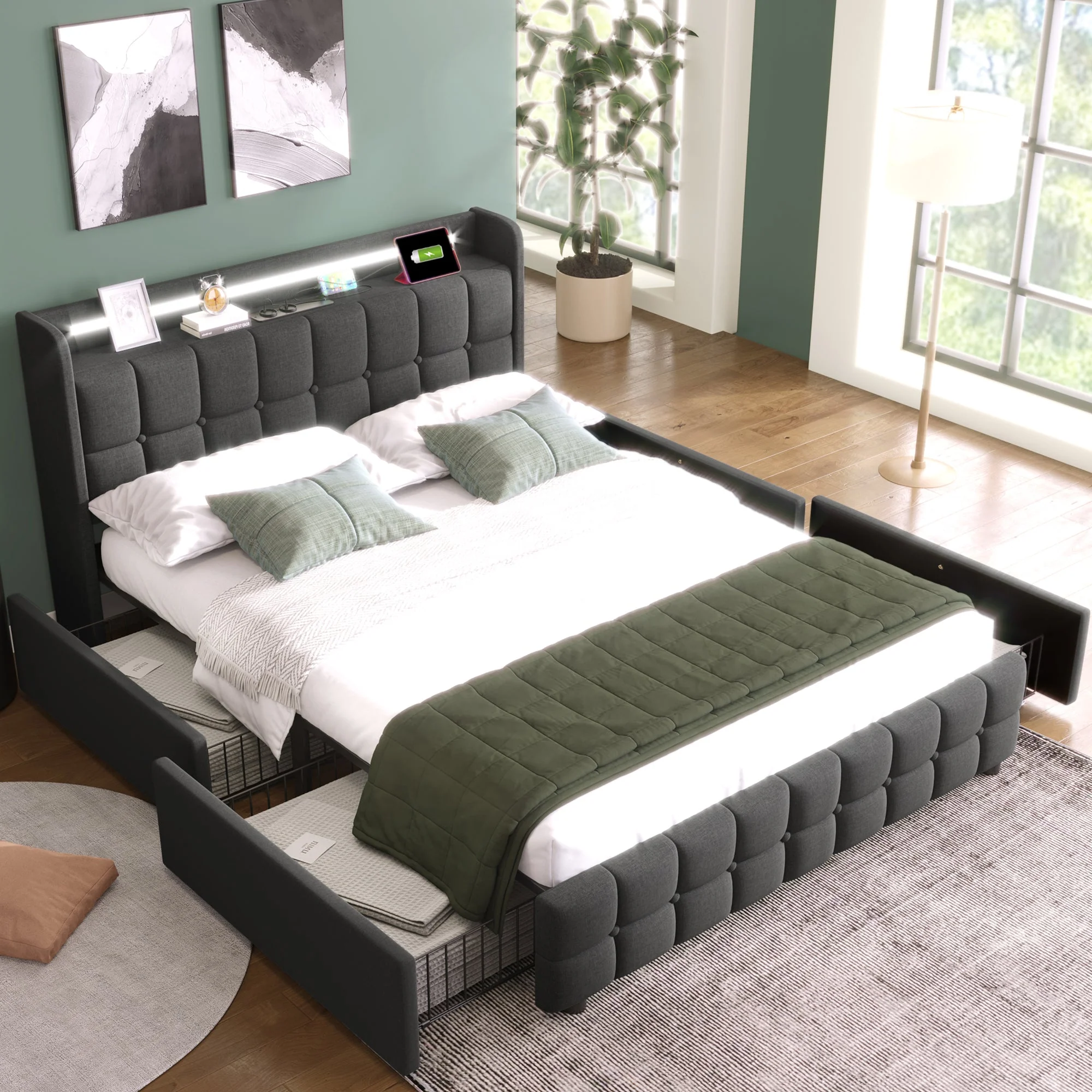 Upholstered Bed with USB Charging, LED Headboard, 4 Drawers, Wood Frame, Gray - Image 2